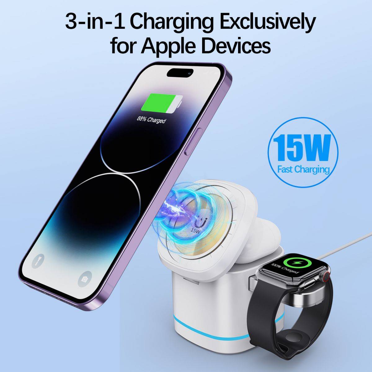 H32 MagSafe 3 in 1 Wireless Charger with 15W fast charging for iPhone, 5W for AirPods, and 3W for Apple Watch. Designed exclusively for Apple devices.