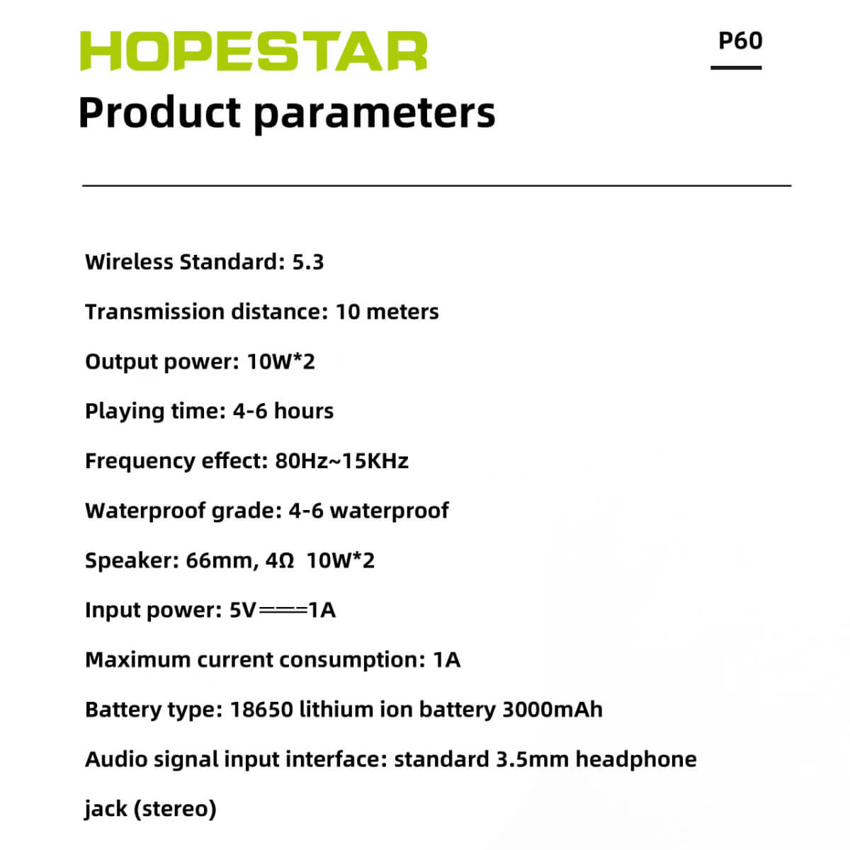 Hopestar P60 Bluetooth Speaker product specifications, highlighting wireless 5.3, waterproof rating, and battery capacity.