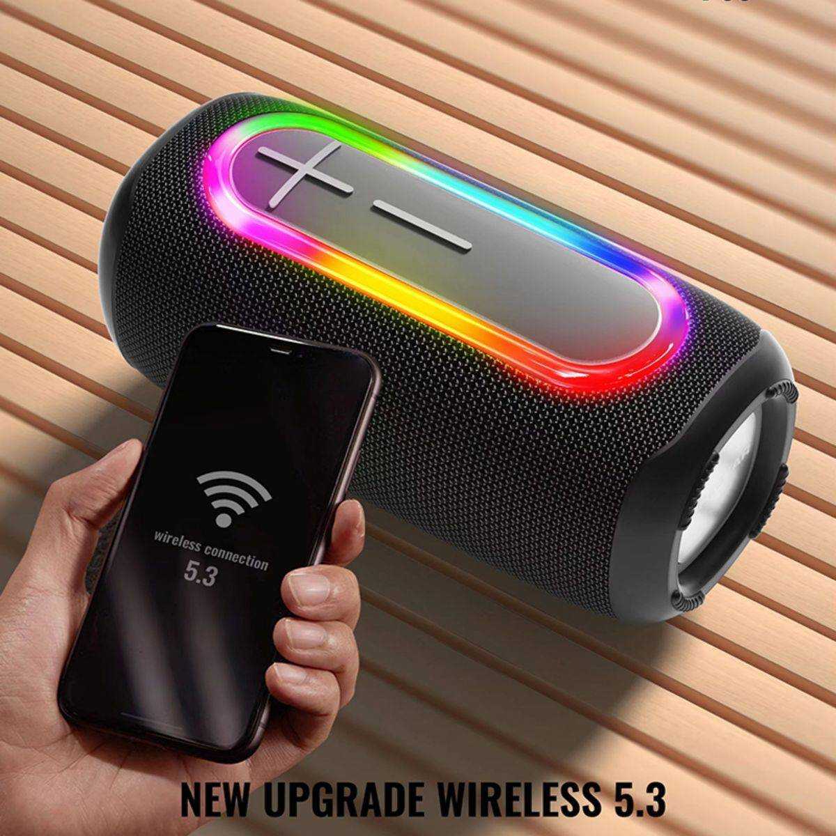 Hopestar P60 Bluetooth Speaker with upgraded wireless 5.3 technology, shown with a smartphone for seamless connectivity.