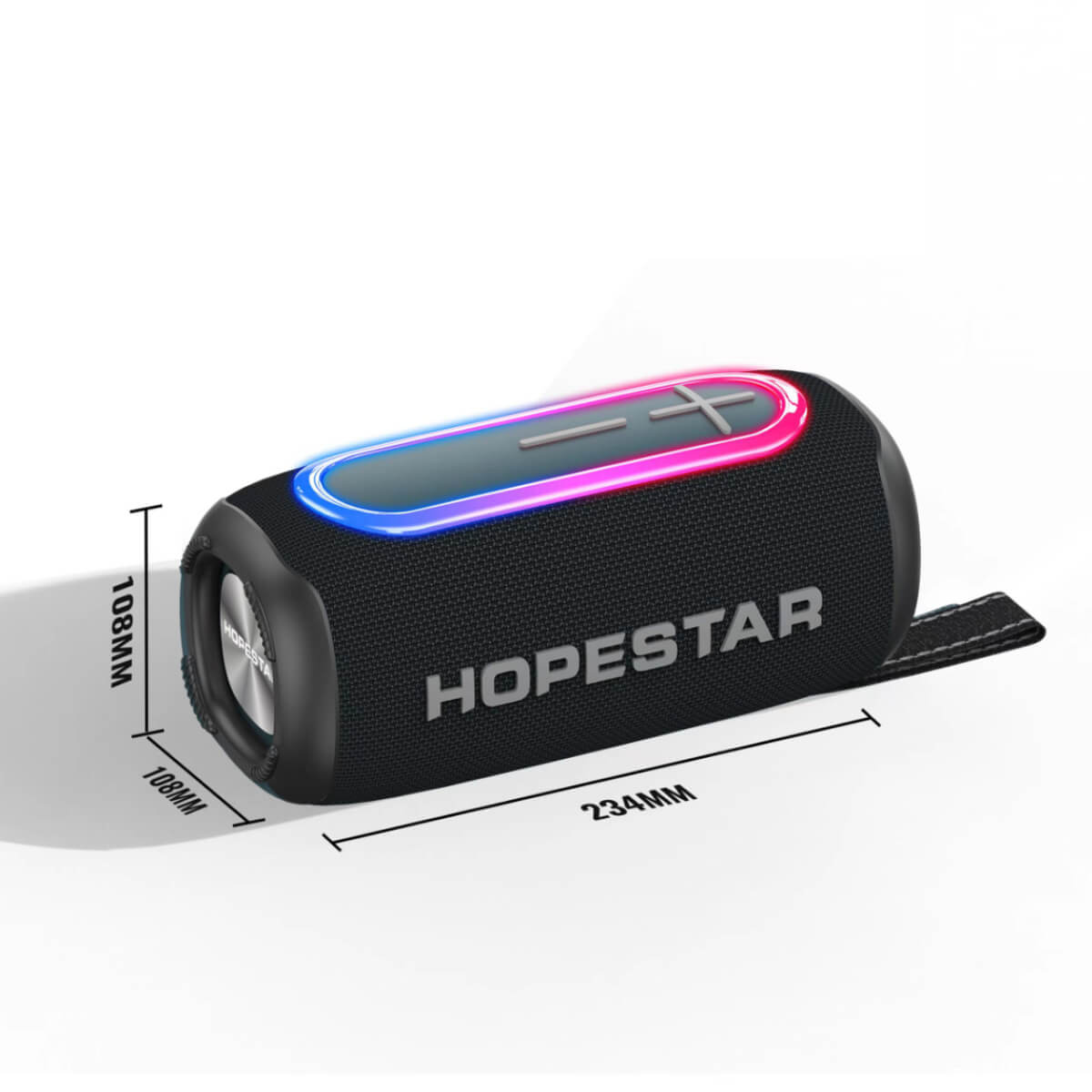 Hopestar P60 Bluetooth Speaker dimensions displayed, featuring a compact and portable design with LED lighting.