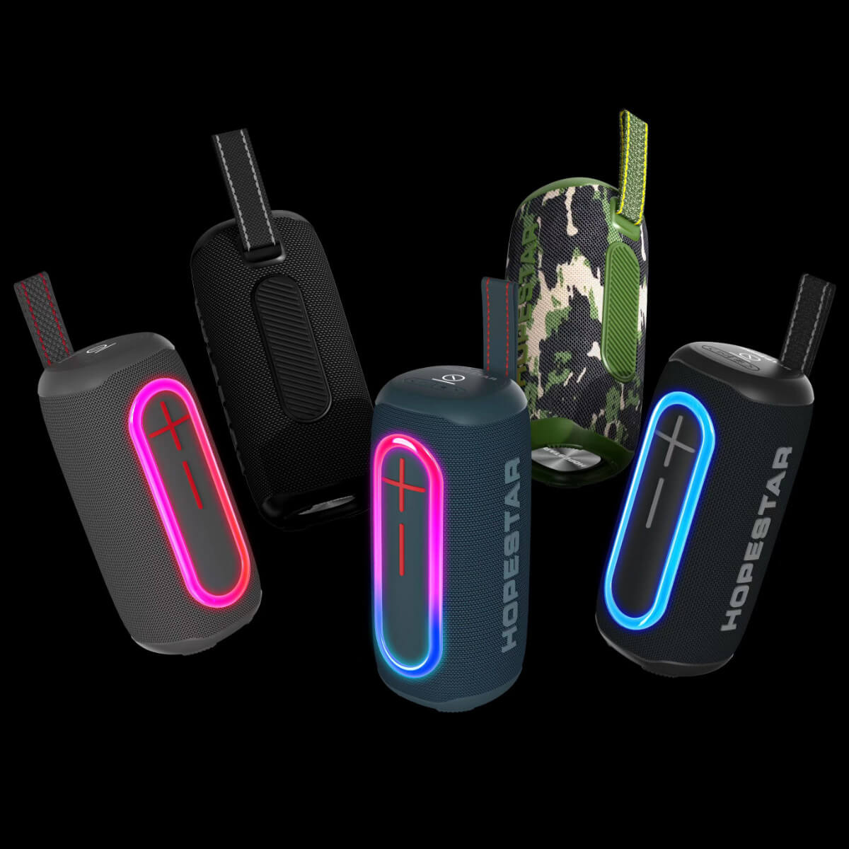 Hopestar P60 Outdoor Bluetooth Speakers in multiple colors, including camouflage, blue, and black, with LED lighting.