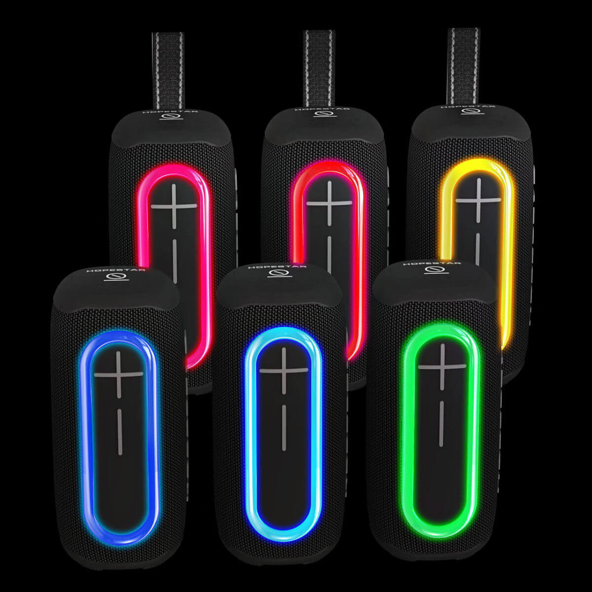 Hopestar P60 Bluetooth Speaker lineup in various RGB lighting colors, showcasing vibrant LED effects.