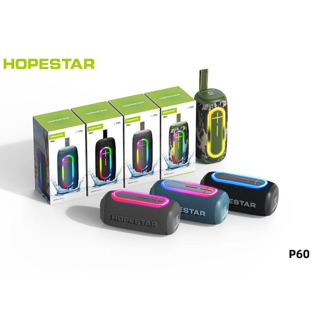 Hopestar P60 Outdoor Bluetooth Speaker packaging and color variations, including black, blue, gray, and camouflage.