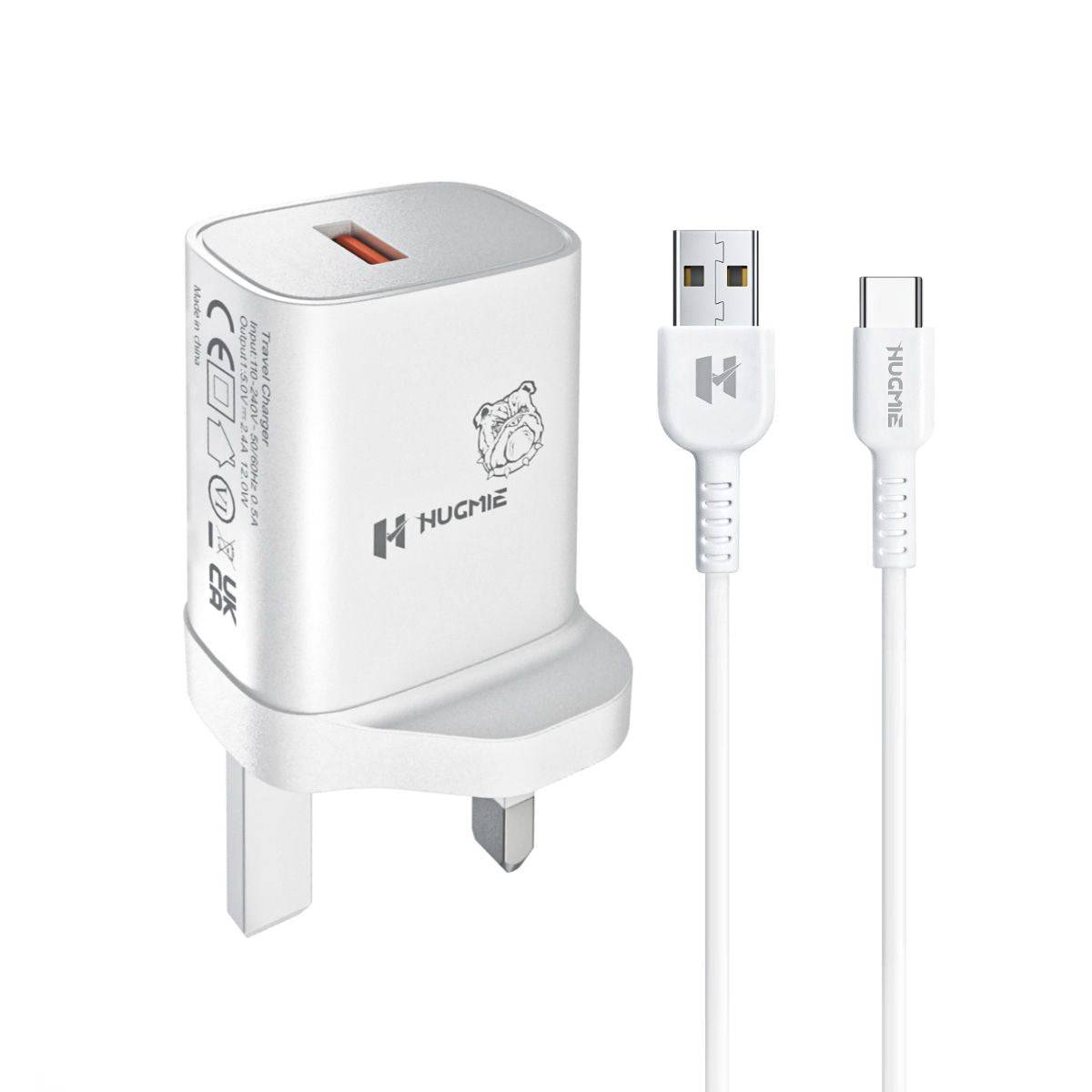 Hugmie HP-C12 USB Wall Charger with 1M Type-C Cable featuring a compact white design, USB port, and durable flame-retardant materials for safe charging.