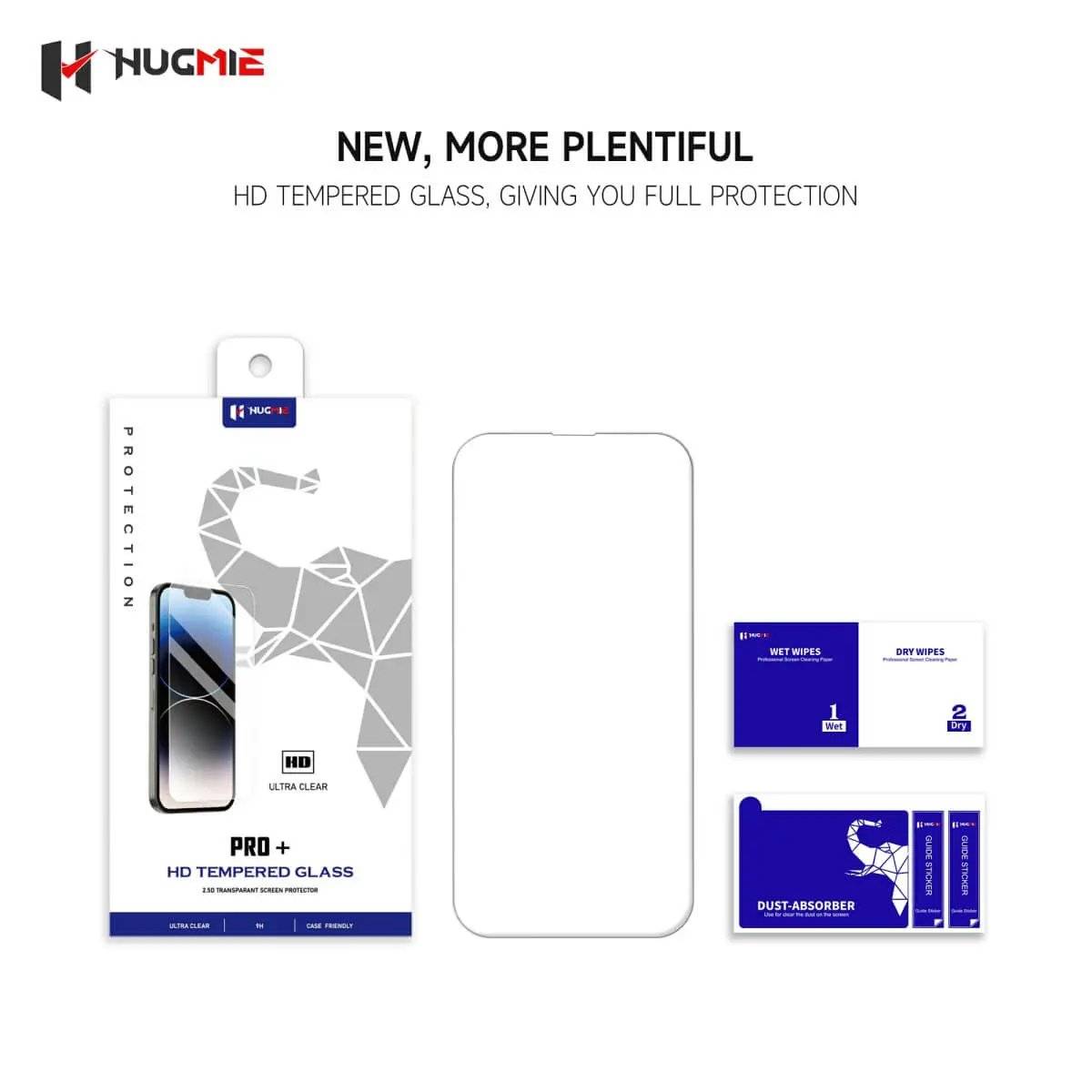 Hugmie HD tempered glass screen protector for iPhone 16 with full protection. Includes installation accessories for easy application.