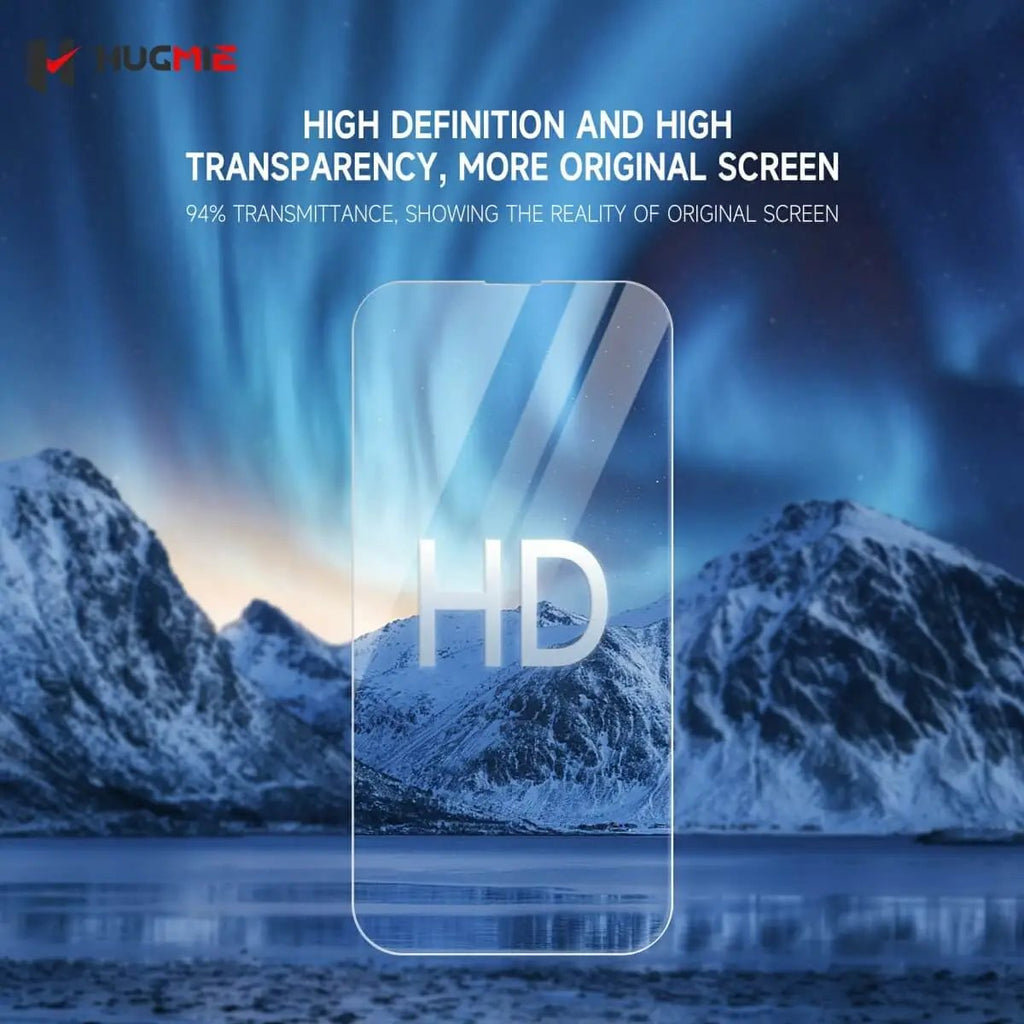 High-definition Hugmie tempered glass screen protector for iPhone 16 with 94% transparency. Maintains original screen clarity and smooth touch.