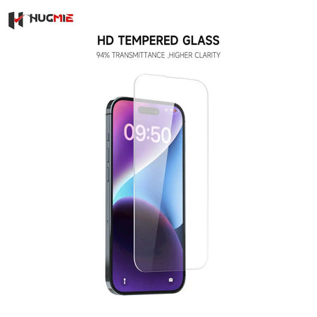 Hugmie 2.5D tempered glass screen protector for iPhone 16 with 94% transmittance and high clarity. Provides HD protection with anti-fingerprint coating.