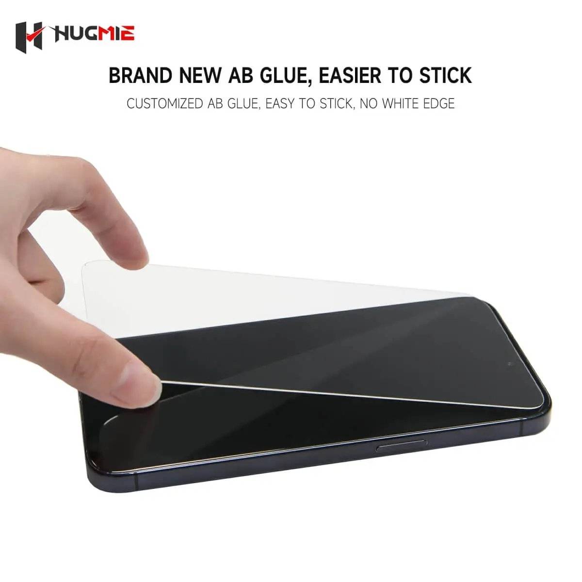 Hugmie screen protector for iPhone 16 with AB glue for easy application. Ensures bubble-free installation with no white edges.
