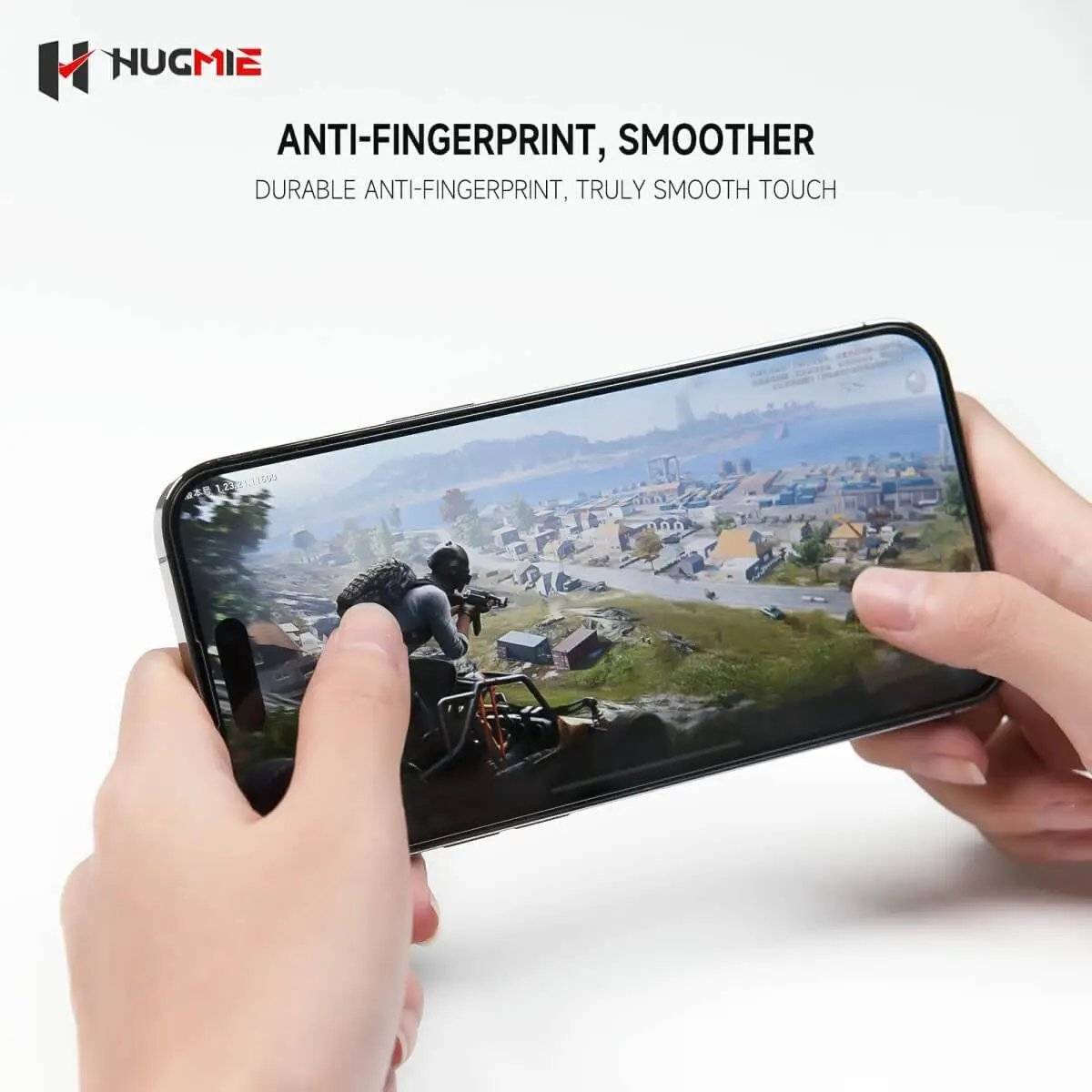 Anti-fingerprint Hugmie tempered glass screen protector for iPhone 16. Provides a smooth touch experience for gaming and daily use.