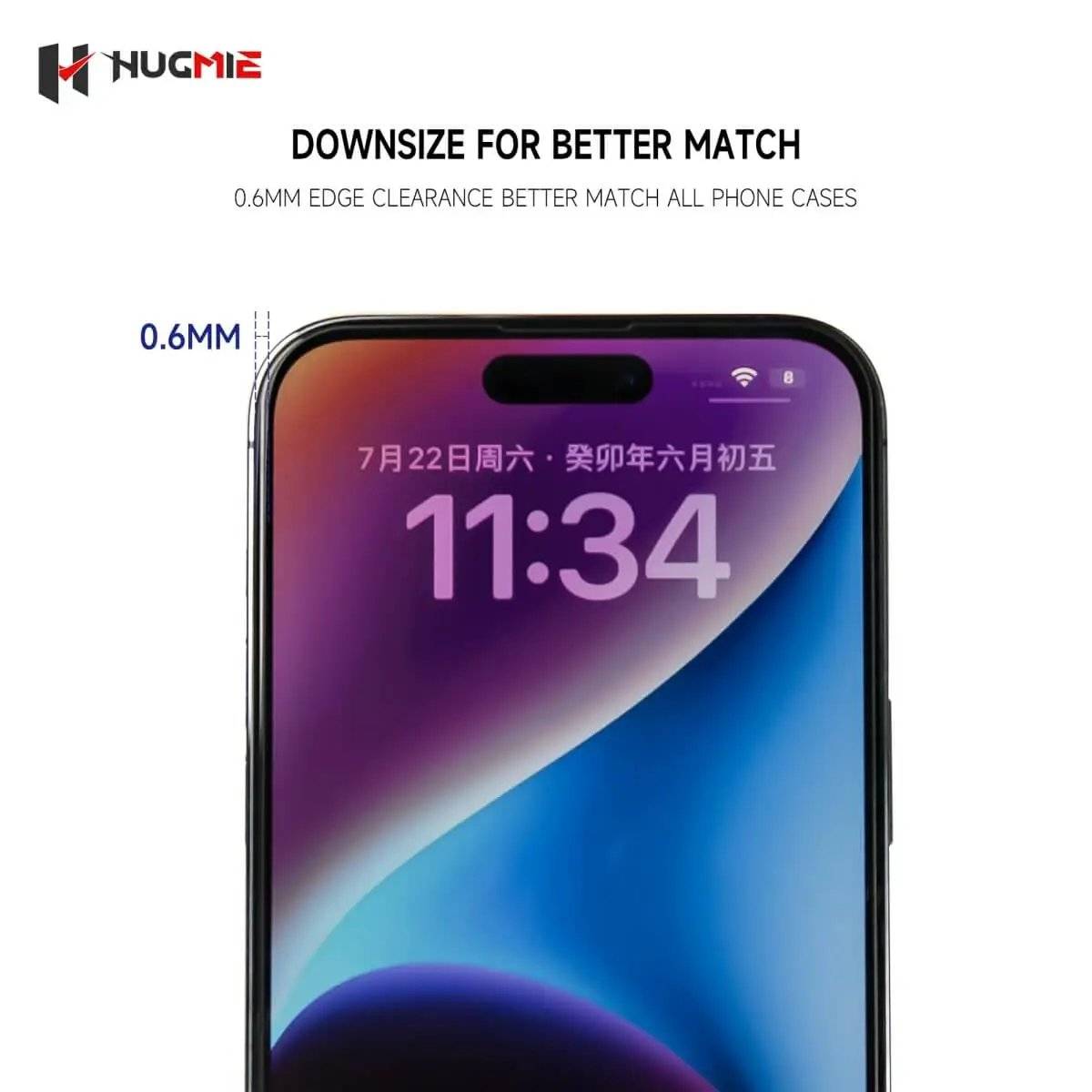 Hugmie tempered glass screen protector for iPhone 16 with 0.6mm edge clearance. Ensures compatibility with most phone cases.