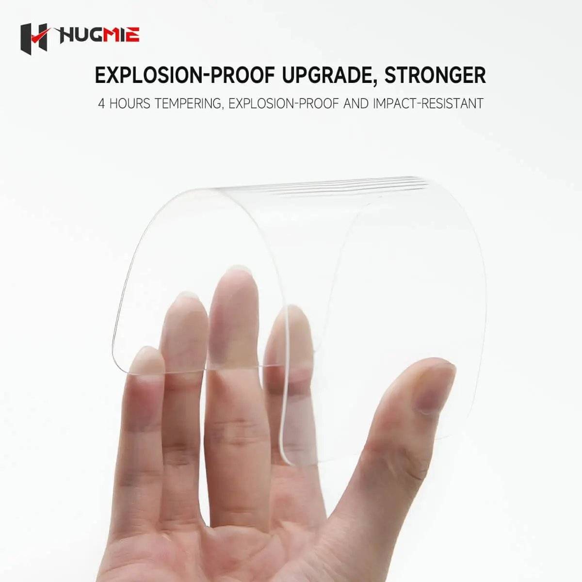 Explosion-proof Hugmie tempered glass screen protector for iPhone 16. Four-hour tempered glass process enhances impact resistance.