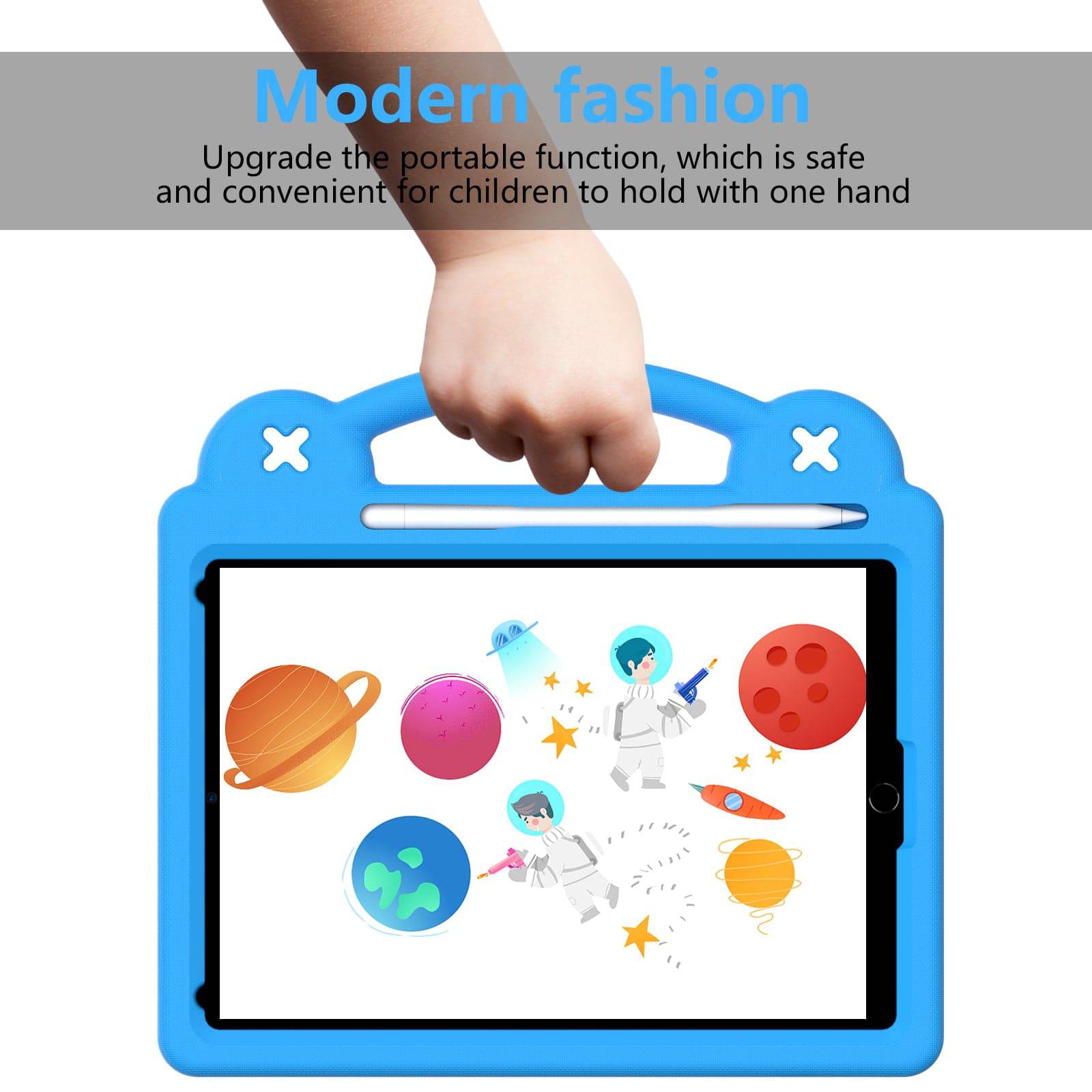 Child holding blue Handle Kids iPad Protective Case 10.2/10.5 inch with a secure grip, designed for easy portability and kid-friendly use.