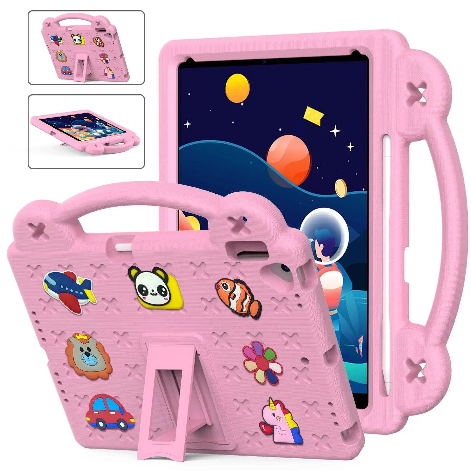 Pink Handle Kids iPad Protective Case 10.2/10.5 inch with a sturdy handle, cartoon decorations, and a built-in stand for hands-free use.