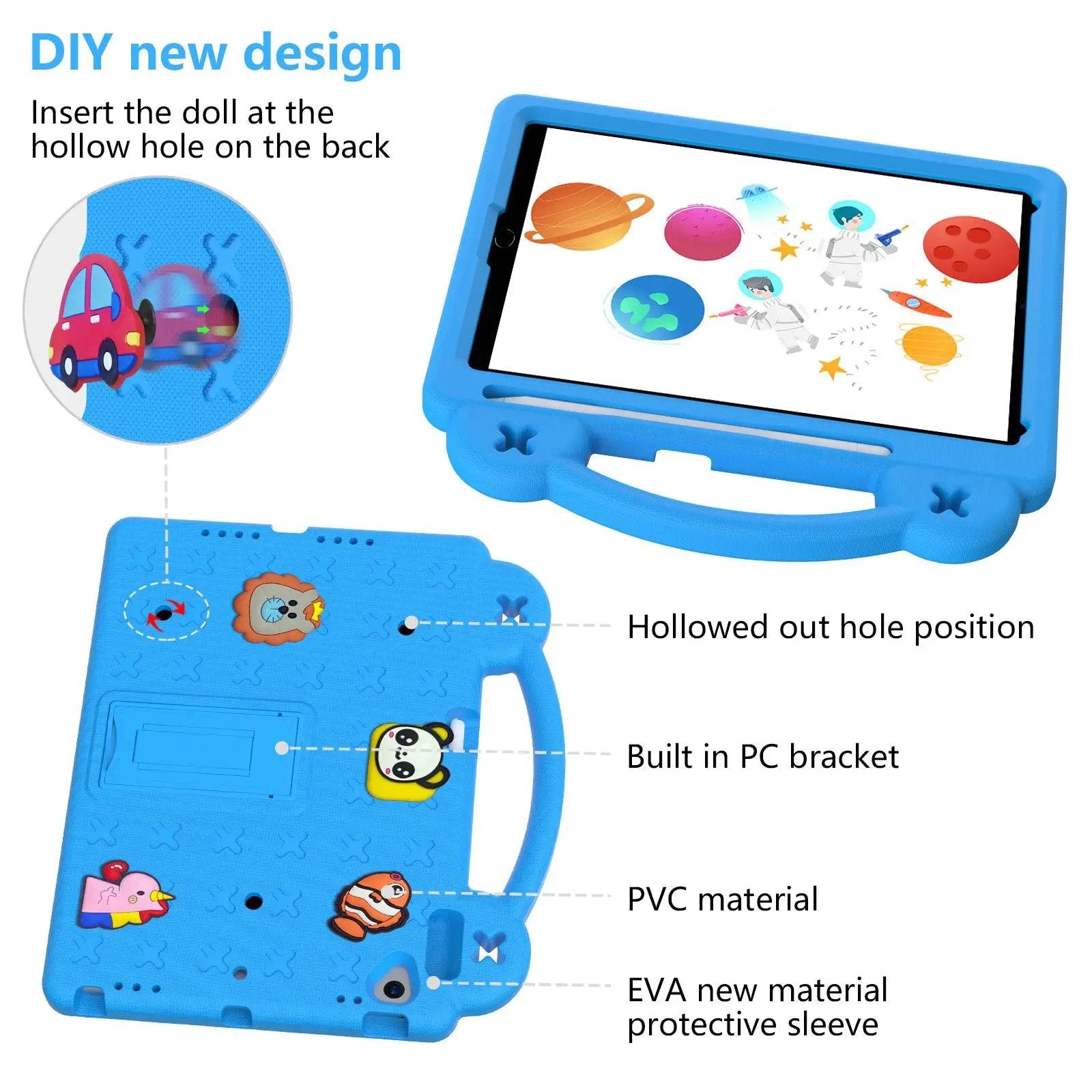 DIY feature of blue Handle Kids iPad Protective Case 10.2/10.5 inch, showcasing customizable cartoon decorations and durable EVA material.