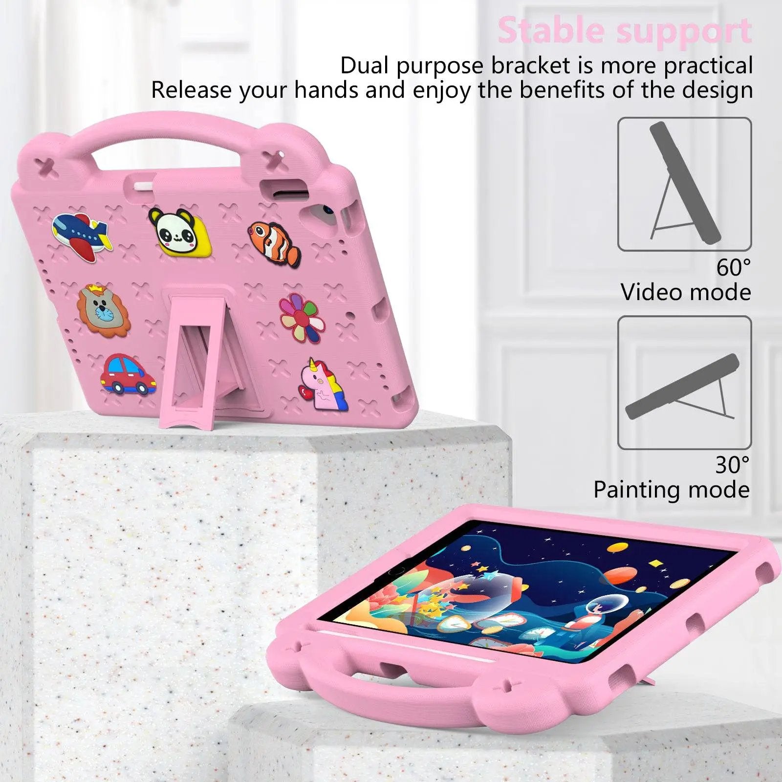 Pink Handle Kids iPad Protective Case 10.2/10.5 inch with dual-purpose stand, offering 60° video mode and 30° painting mode for versatile use.
