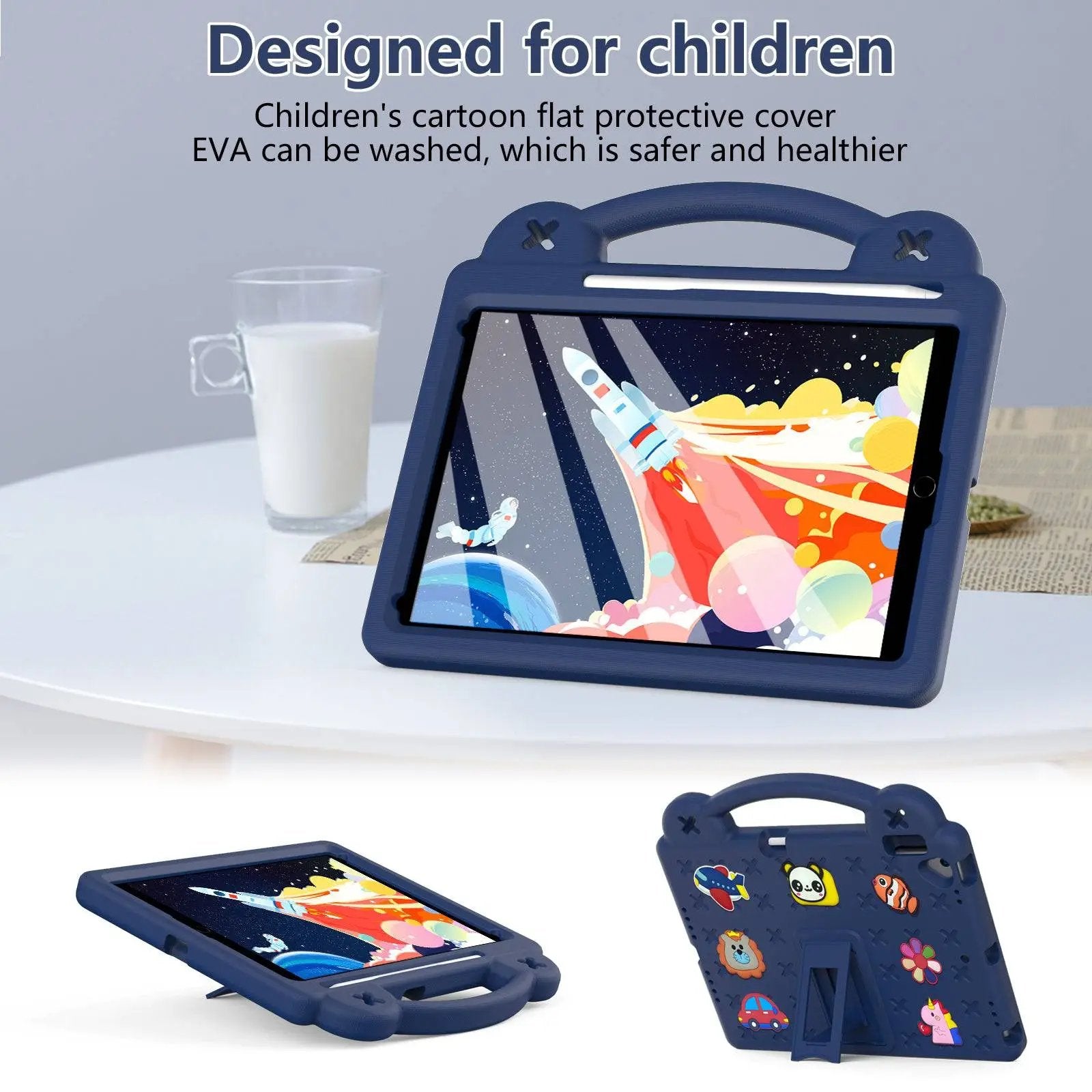 Navy blue Handle Kids iPad Protective Case 10.2/10.5 inch designed for children, featuring washable EVA material and full-body protection.