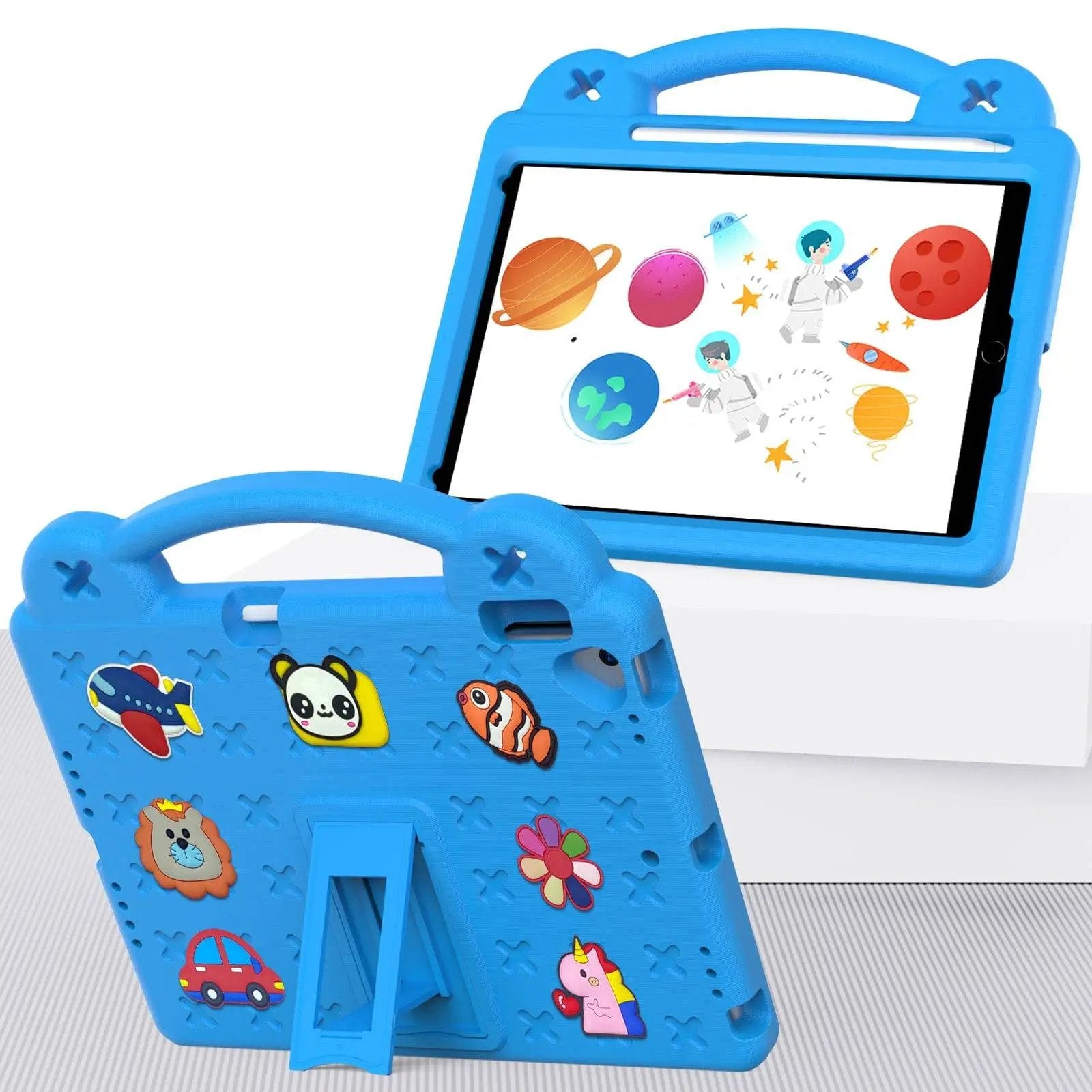 Blue Handle Kids iPad Protective Case 10.2/10.5 inch with a sturdy handle, cartoon decorations, and a built-in stand for hands-free use.