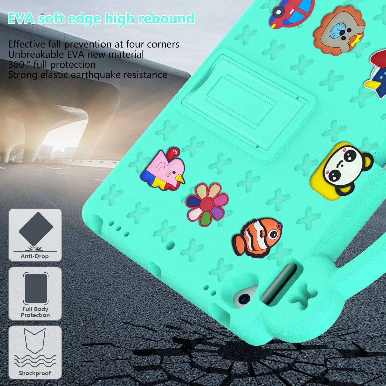 Close-up of green Handle Kids iPad Protective Case 10.2/10.5 inch, highlighting EVA shockproof material, full-body protection, and cartoon decorations.