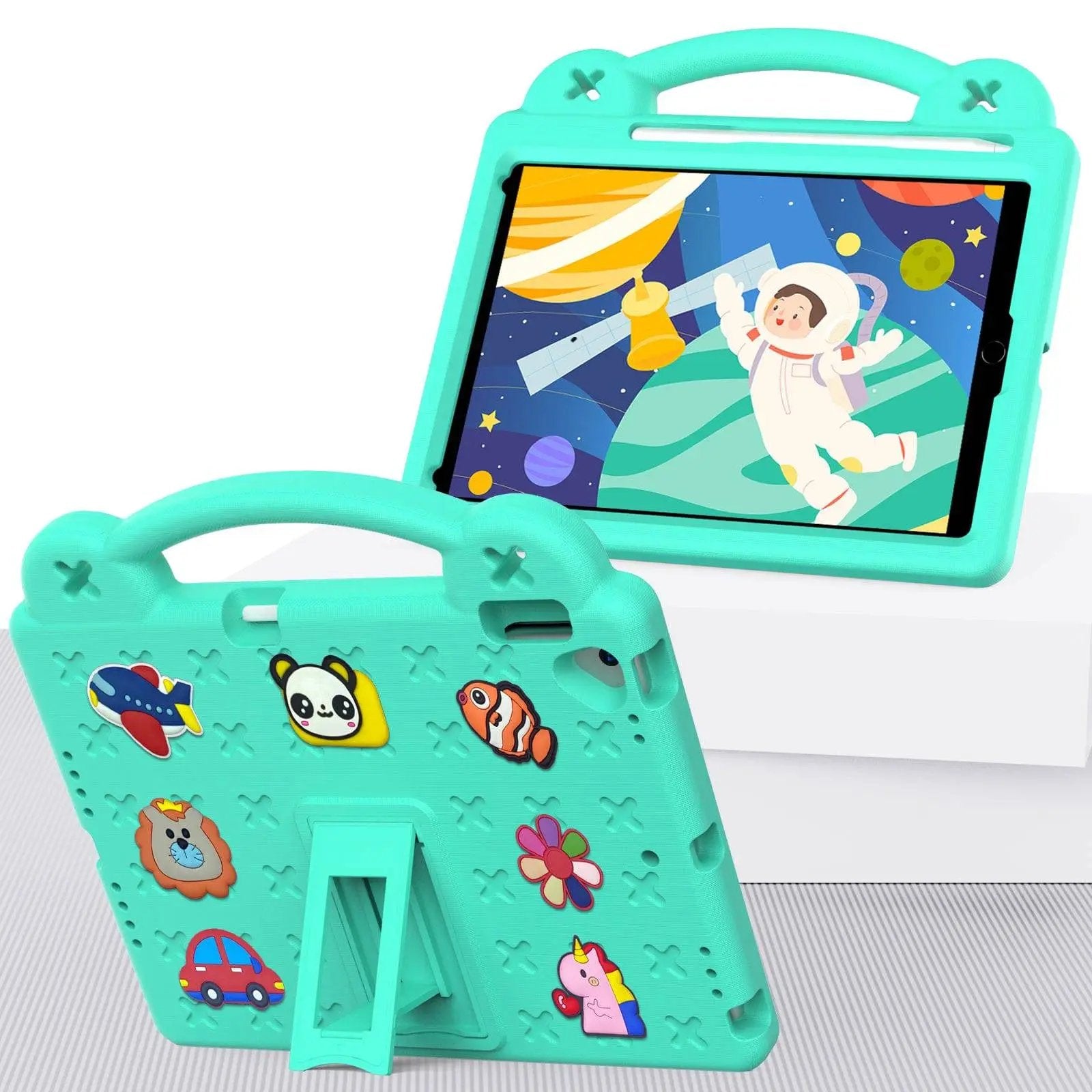 Handle Kids iPad Protective Case 10.2/10.5 inch in green with a sturdy handle, cartoon decorations, and a built-in stand for hands-free use.