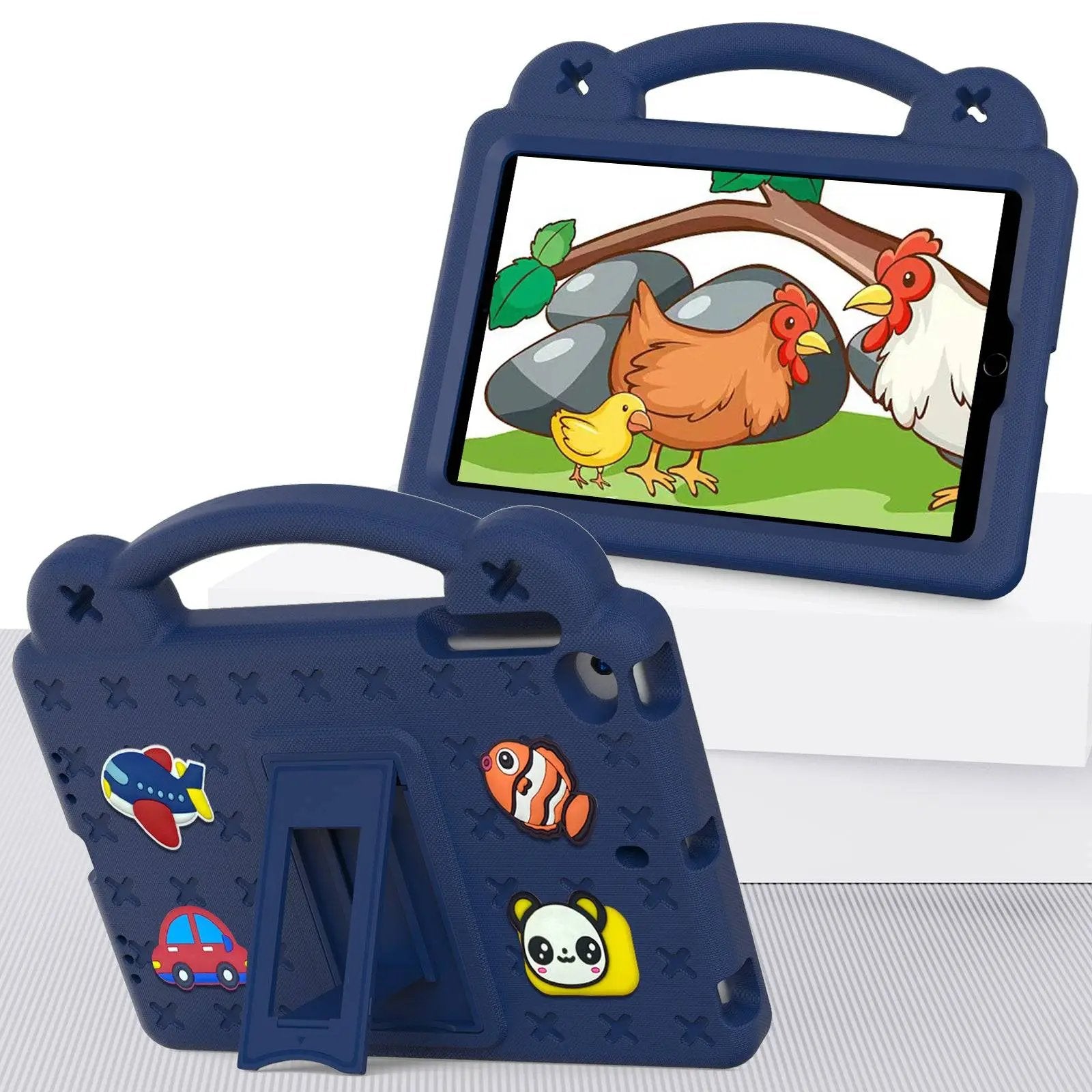 Blue Handle Kids iPad Protective Case for Mini 1/2/3/4/5 with cartoon decorations, sturdy EVA material, and built-in stand for hands-free use.