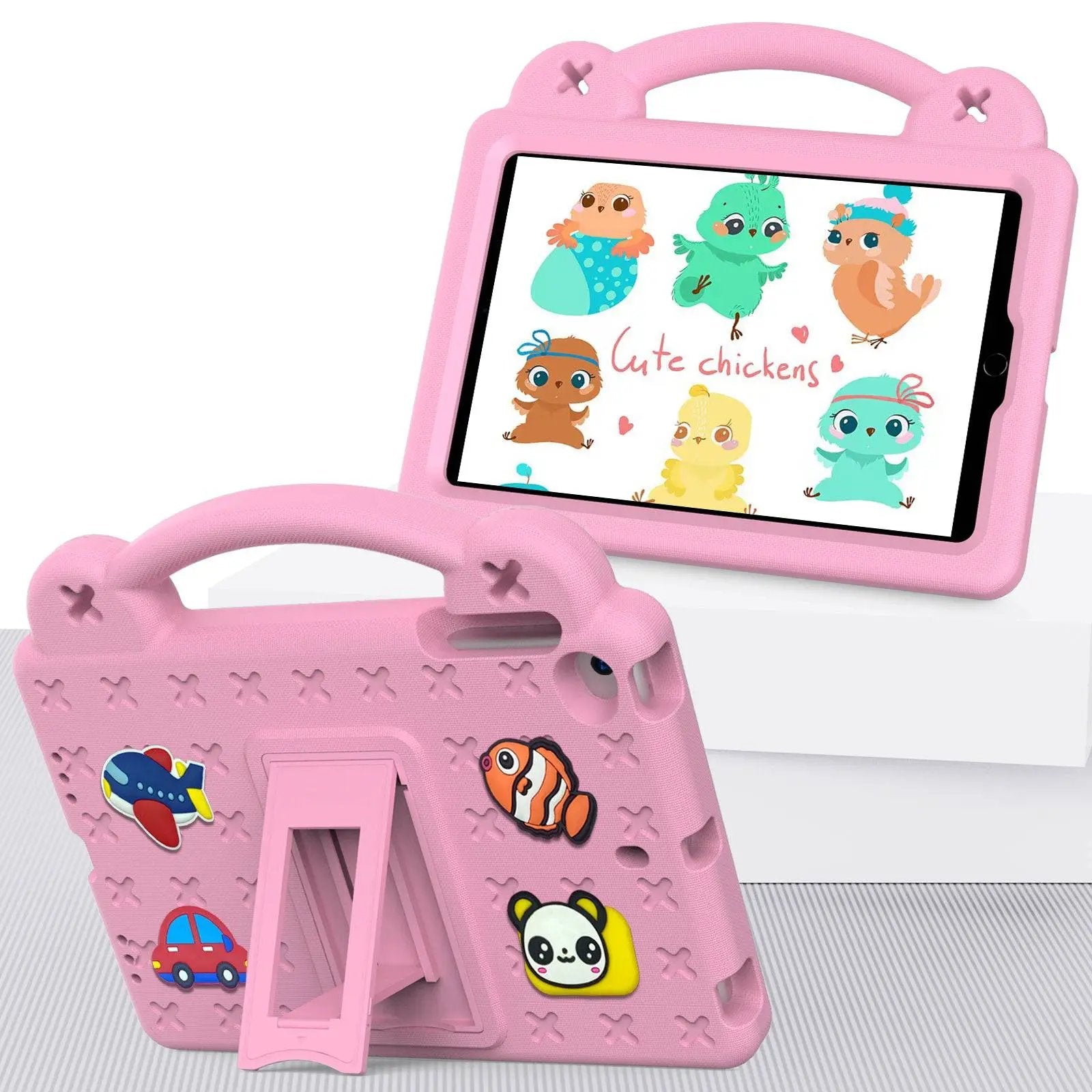 Pink Handle Kids iPad Protective Case for Mini 1/2/3/4/5 with cartoon decorations, sturdy EVA material, and built-in stand for hands-free use.