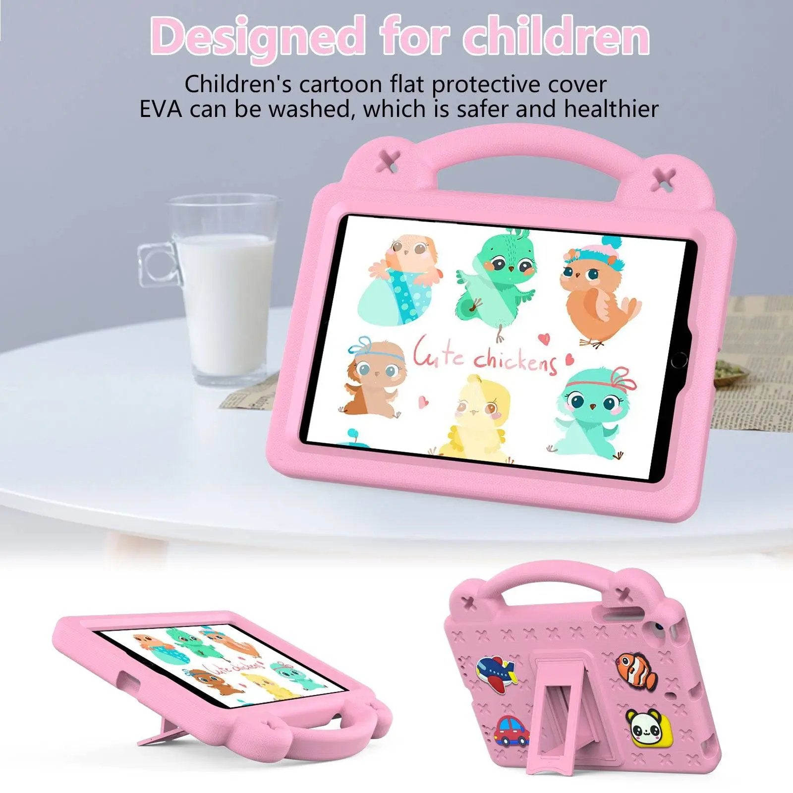 Pink Handle Kids iPad Protective Case designed for children, made of washable EVA material, featuring a built-in stand and fun cartoon decorations.