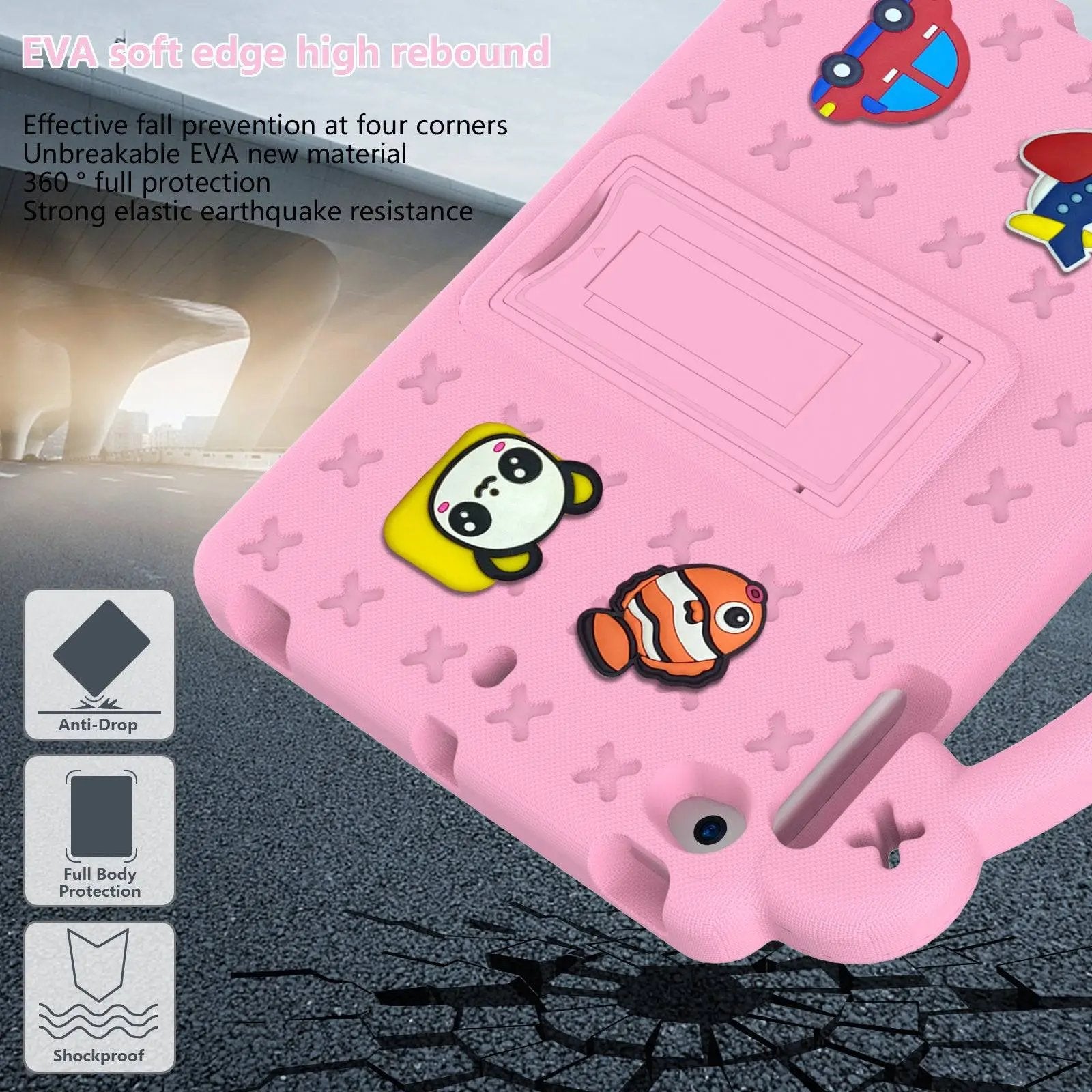 Close-up of pink Handle Kids iPad Protective Case highlighting shockproof EVA material, anti-drop protection, and fun cartoon decorations.