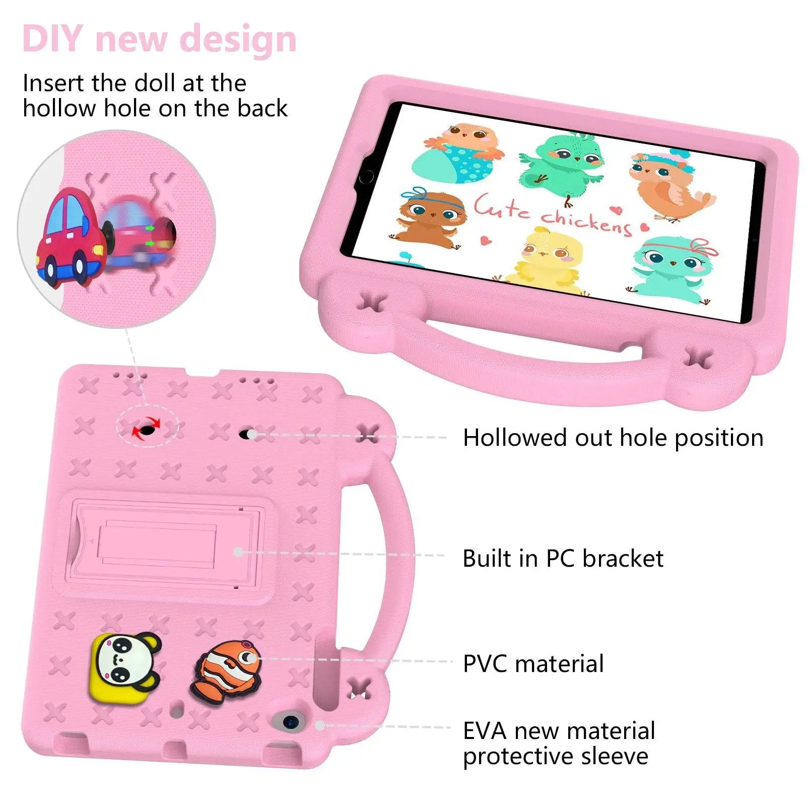DIY design feature of pink Handle Kids iPad Protective Case, allowing customization with cartoon decorations and built-in PC bracket for added support.