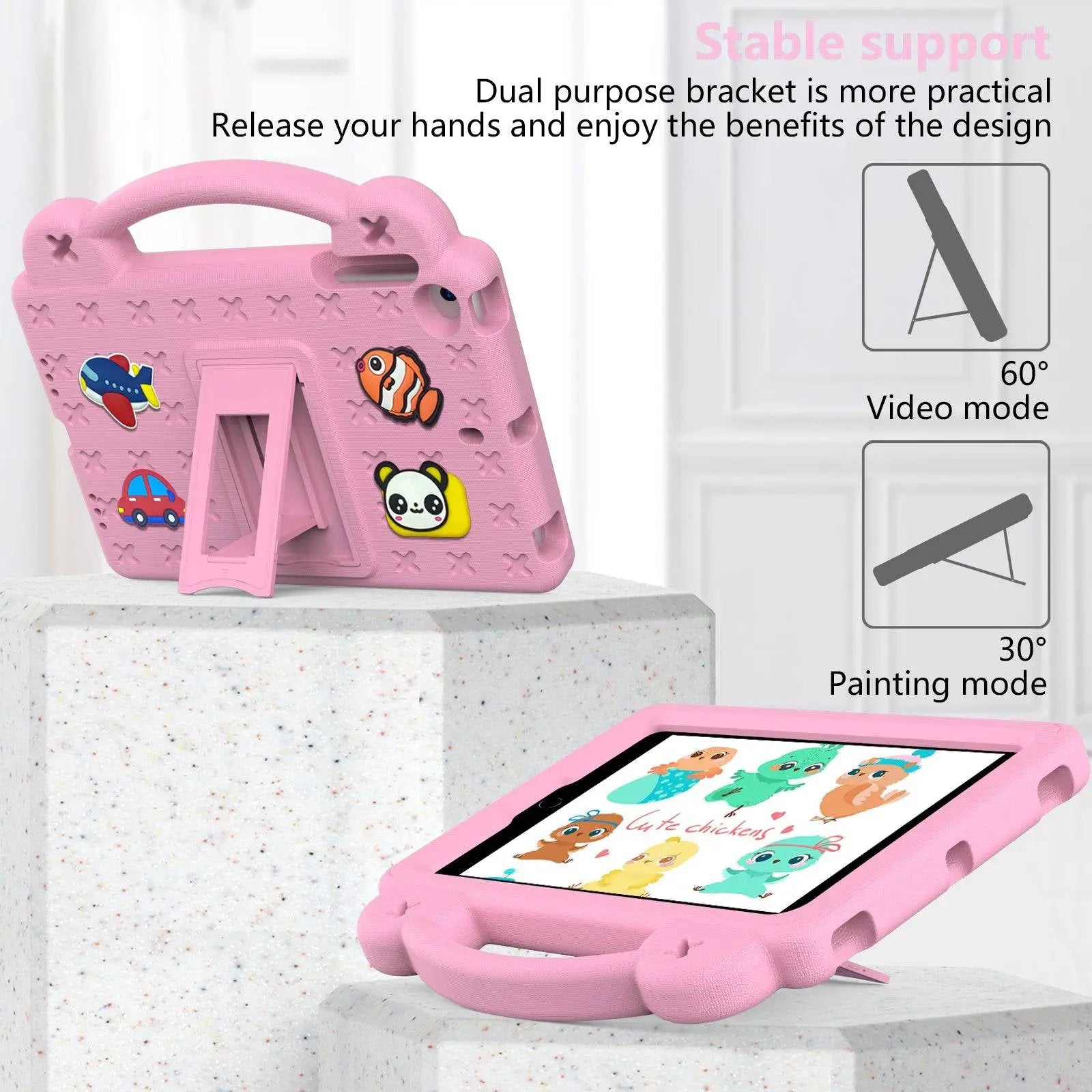 Pink Handle Kids iPad Protective Case with dual-purpose stand, offering stable support for video and painting modes, designed for Mini 1/2/3/4/5.
