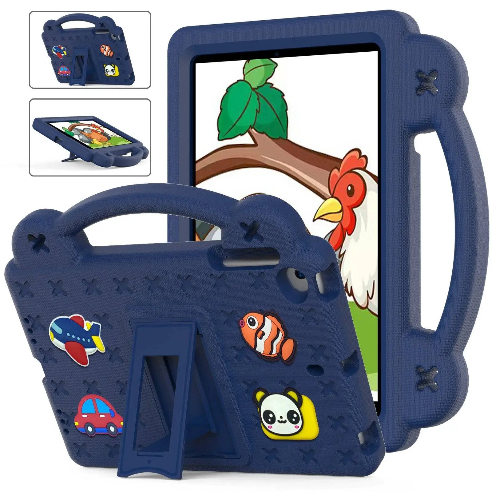 Durable blue kids iPad Mini protective case with handle, stand, and fun cartoon decorations, offering 360° shockproof protection and easy portability.