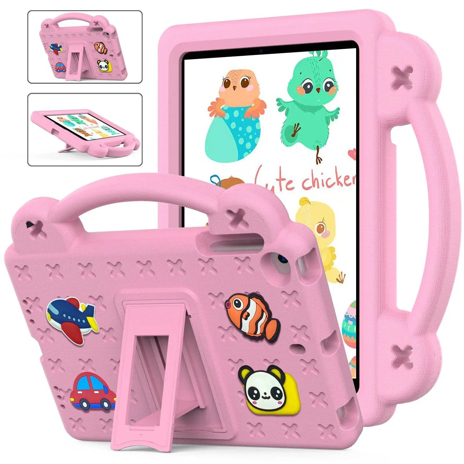 Durable pink kids iPad Mini protective case with handle, stand, and fun cartoon decorations, offering 360° shockproof protection and easy portability.