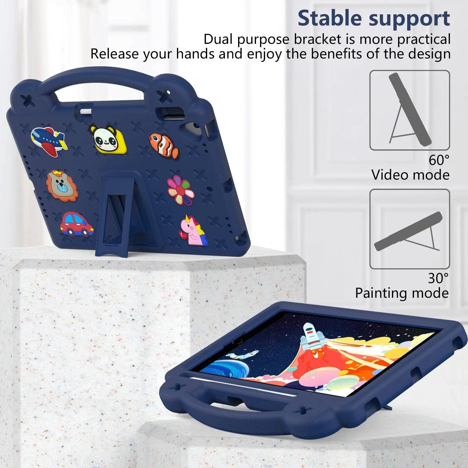 Stable support with dual-purpose bracket on the Handle Kids iPad Mini 6 Protective Case, offering 60° video mode and 30° painting mode for versatile use.