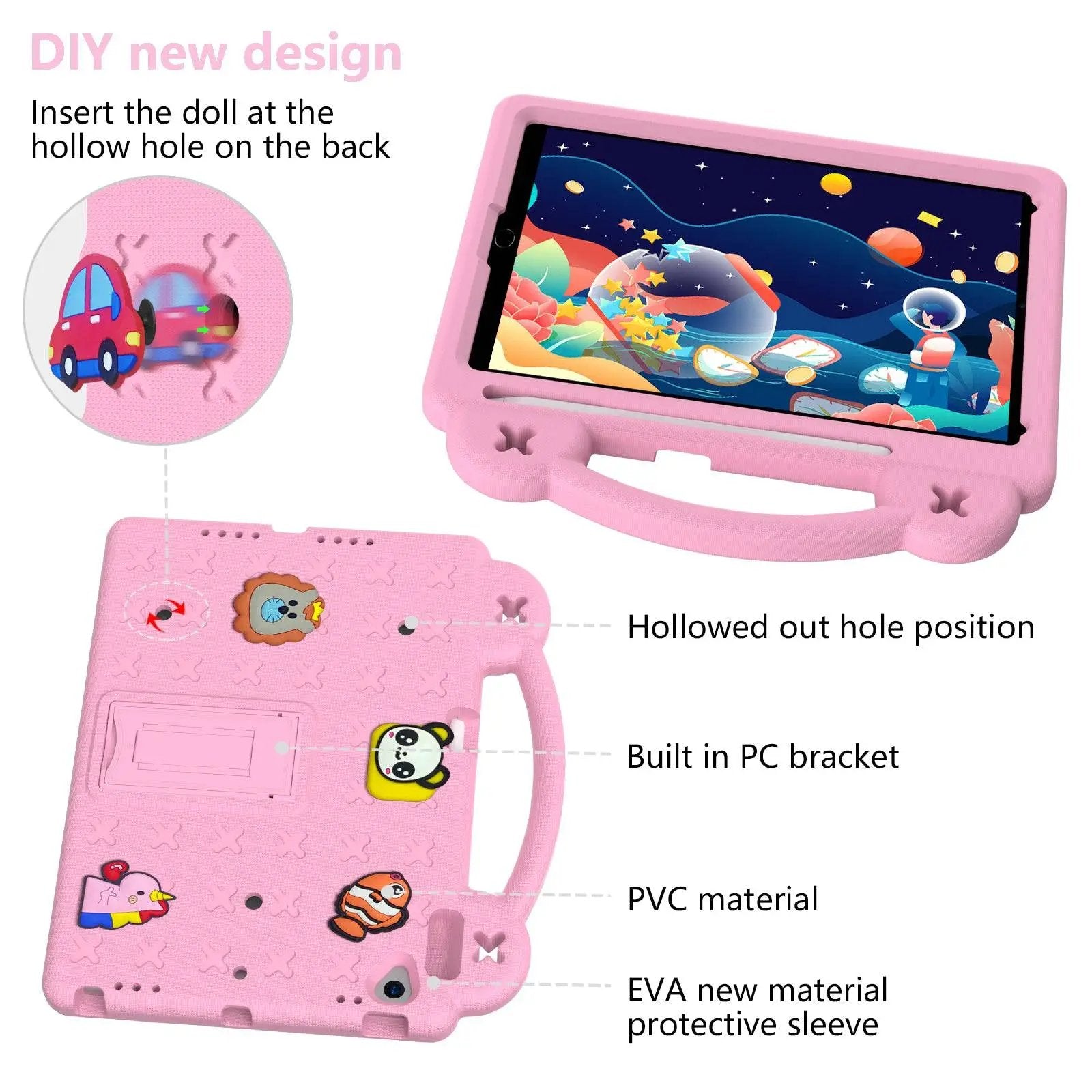 DIY new design Handle Kids iPad Mini 6 Protective Case in pink with hollowed-out hole positions for inserting dolls, built-in PC bracket, and EVA protective sleeve.