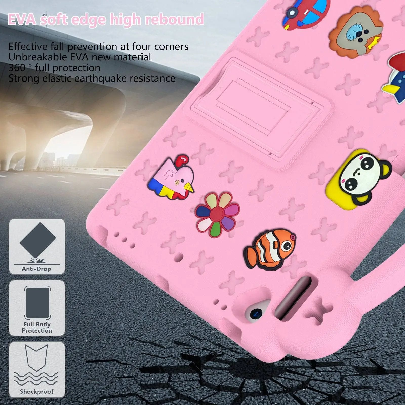 Pink Handle Kids iPad Mini 6 Protective Case with EVA soft edge high rebound, providing anti-drop, shockproof, and full-body protection for children's tablets.