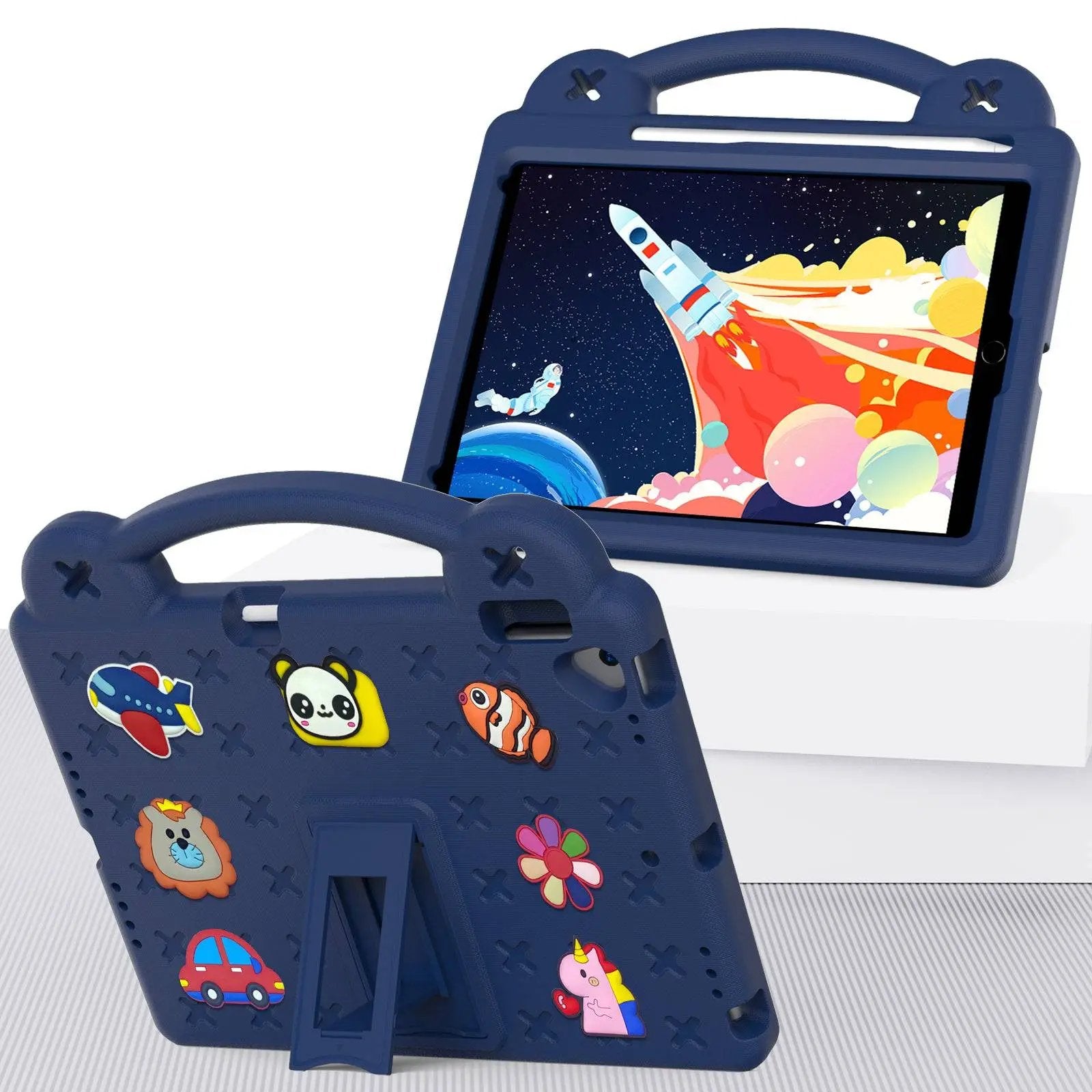 Best Handle Kids iPad Mini 6 Protective Case by Hugmie in navy blue with a sturdy handle and colorful cartoon decorations for enhanced grip and safety.