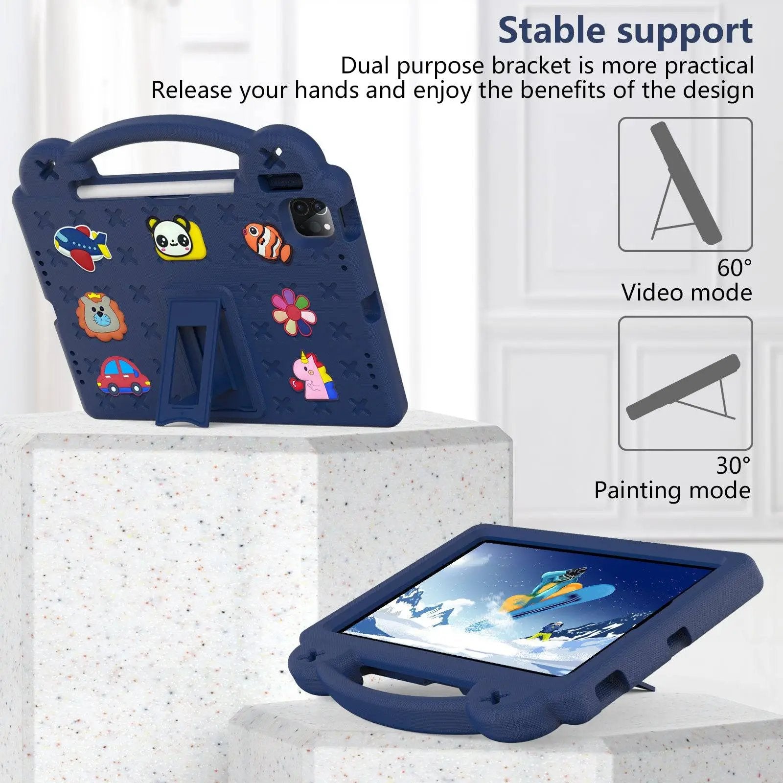 Stable support feature of the Handle Kids iPad Pro Protective Case, offering 60° video mode and 30° painting mode for convenience.