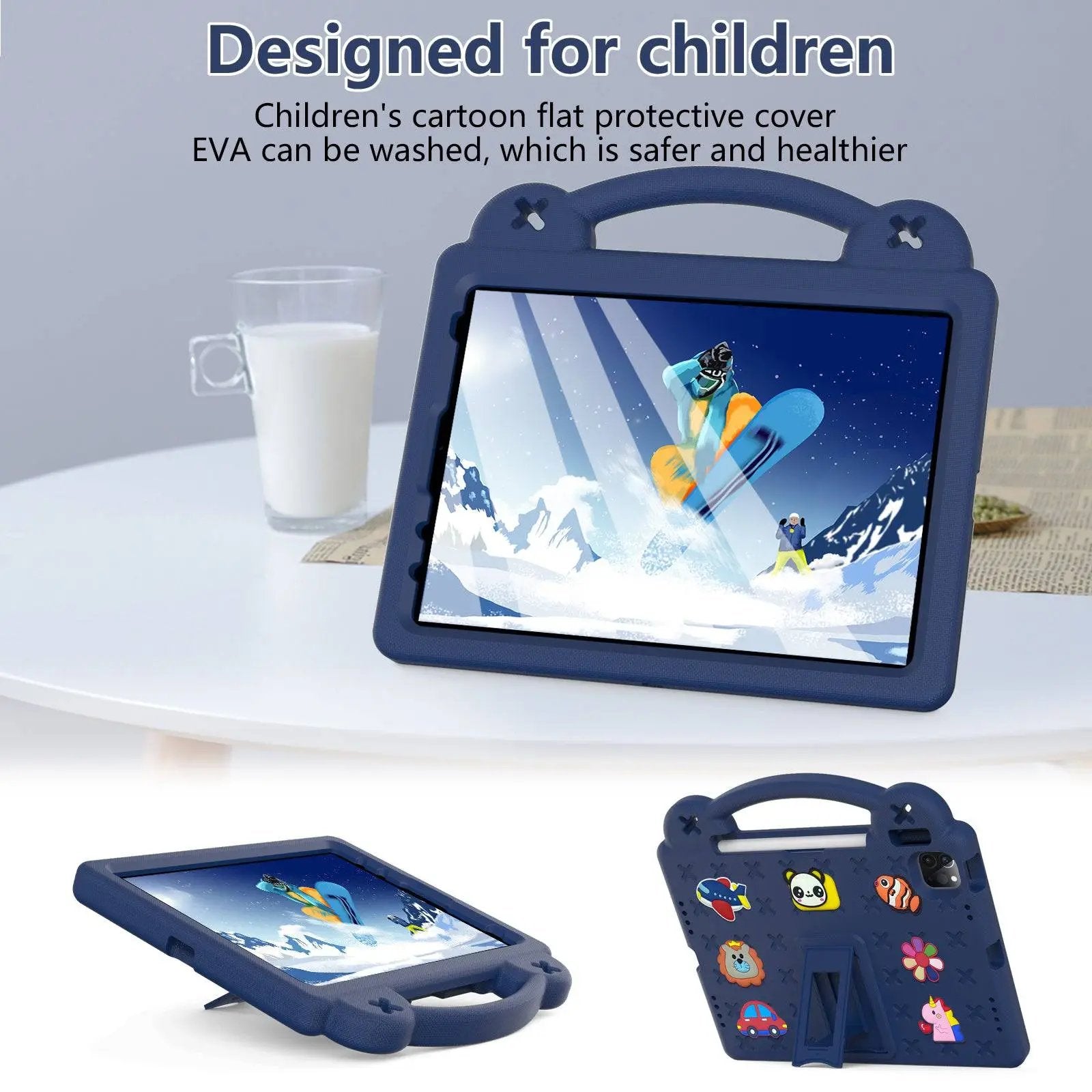 Blue Handle Kids iPad Pro Protective Case with washable EVA material, ensuring safety and durability for children's use.