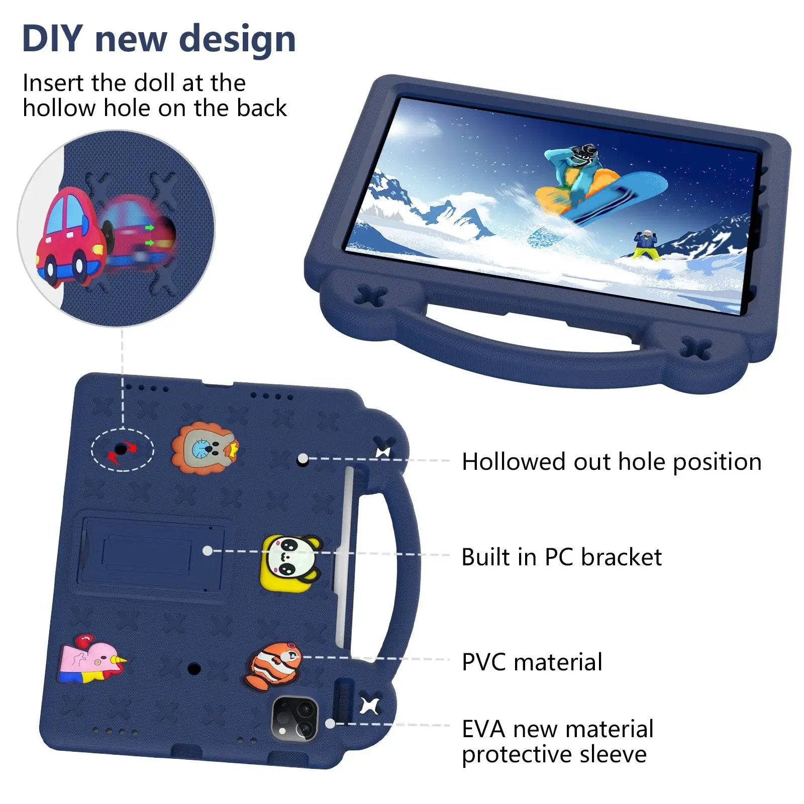 DIY design of the Handle Kids iPad Pro Protective Case, allowing customization with cartoon inserts and a built-in PC bracket.