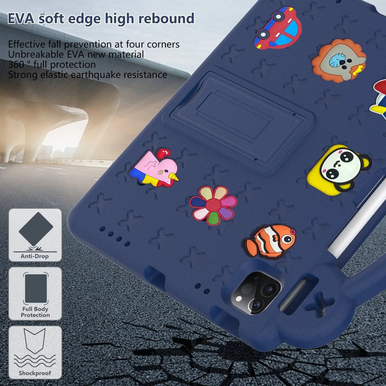 EVA soft edge high rebound design of the Handle Kids iPad Pro Protective Case, providing 360° protection, anti-drop, and shockproof features.