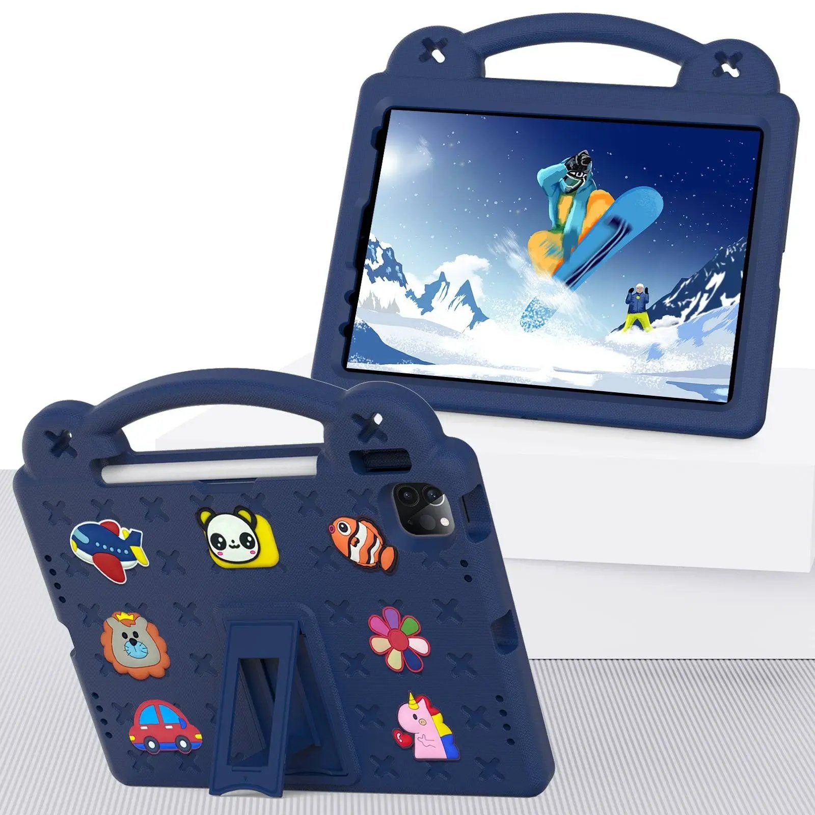 Blue Handle Kids iPad Pro Protective Case with fun cartoon stickers, shockproof design, and a sturdy handle for easy carrying.