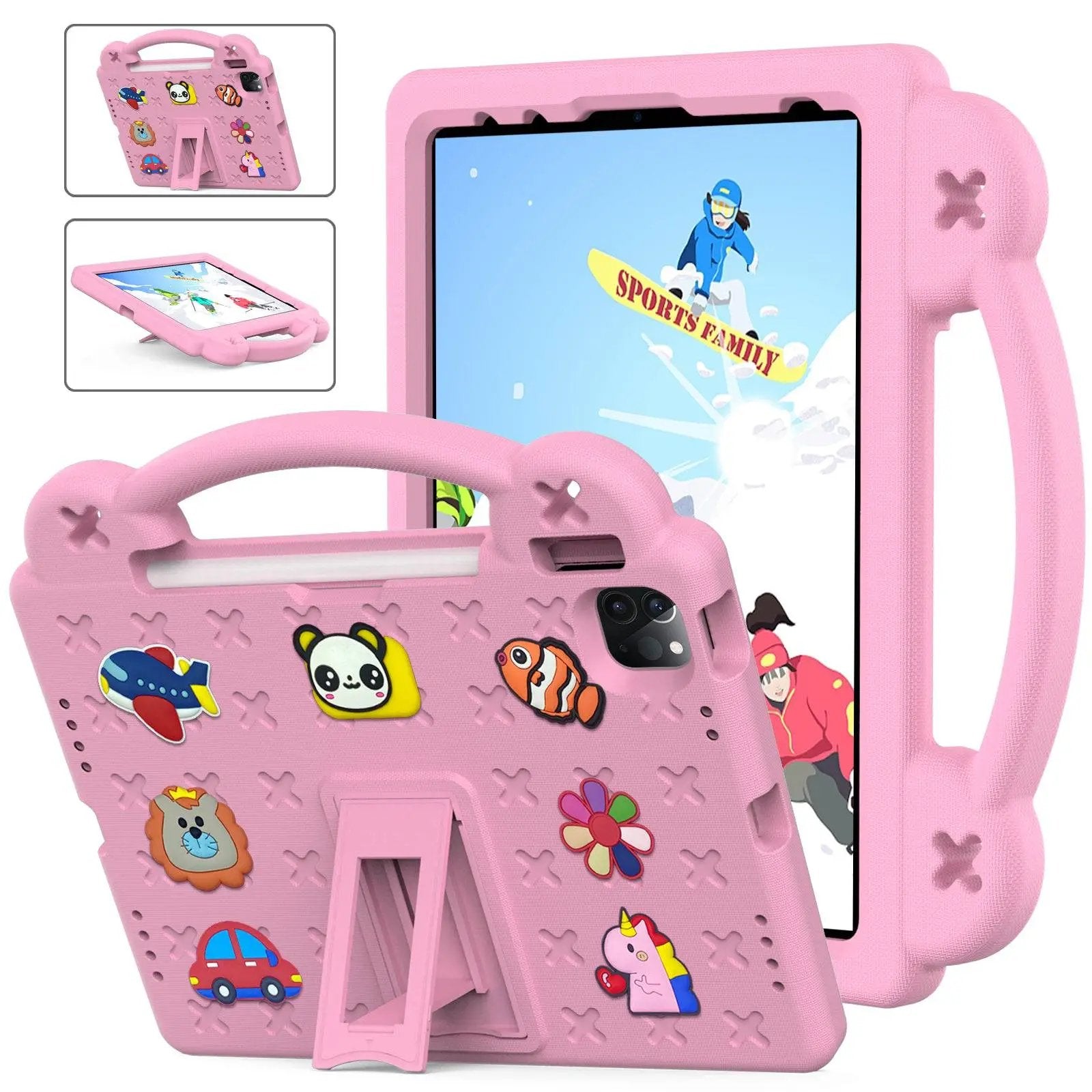 Pink Handle Kids iPad Pro Protective Case featuring a durable EVA material, side handle, and foldable stand for hands-free use.