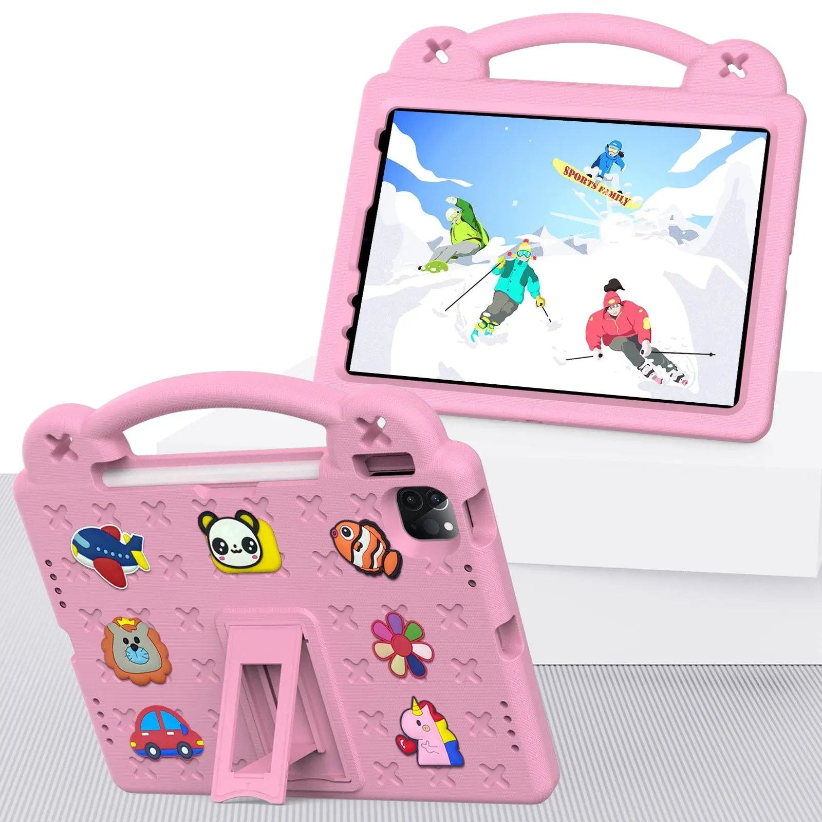Pink Handle Kids iPad Pro Protective Case with cartoon decorations, sturdy handle, and built-in stand for iPad Pro/iPad Air 4/5.