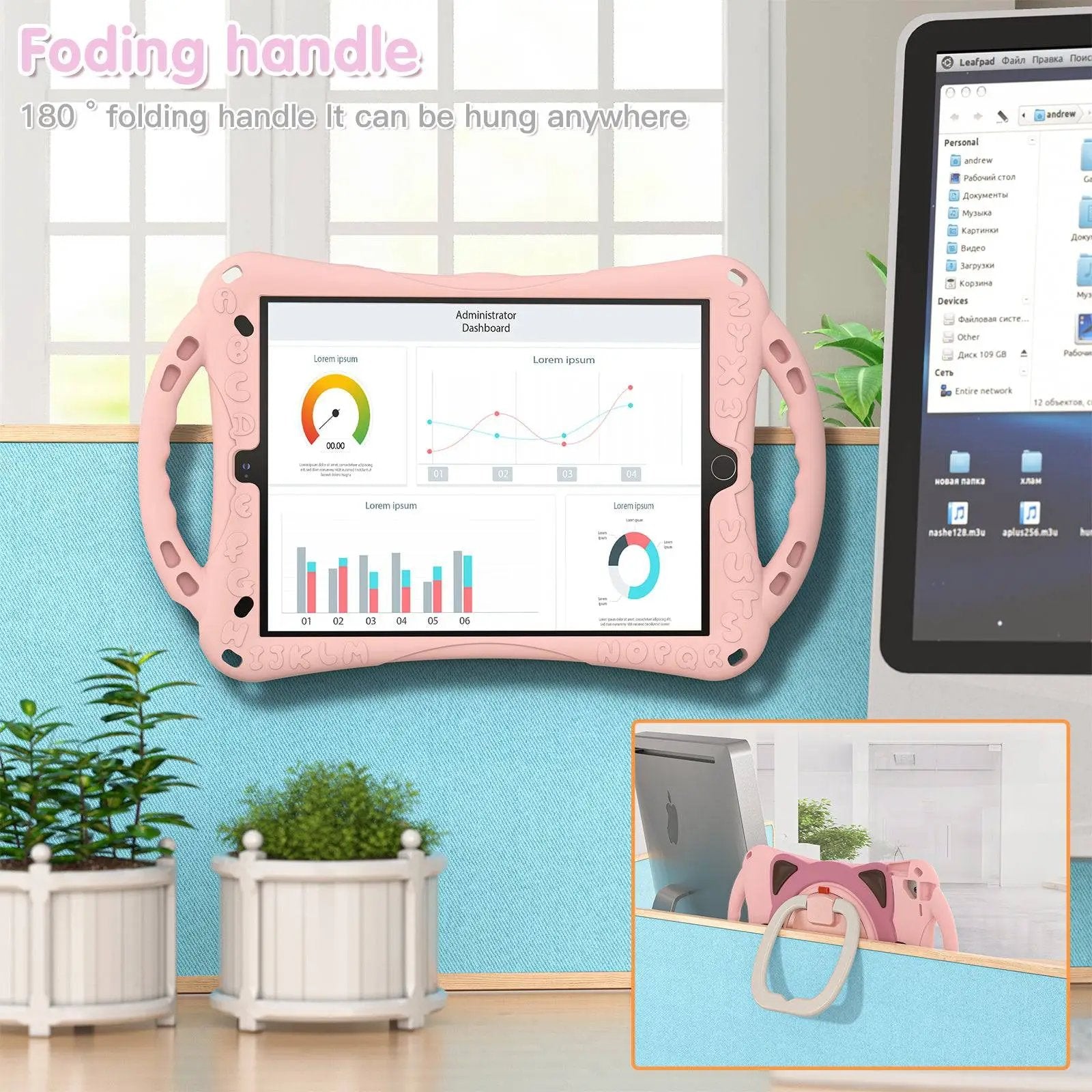 Kitten Kids iPad Protective Case with foldable handle for wall mounting or desk use. Shockproof EVA rubber case for iPad 7th/8th/9th Gen, iPad Air 3, and 10.5 inch iPad Pro.