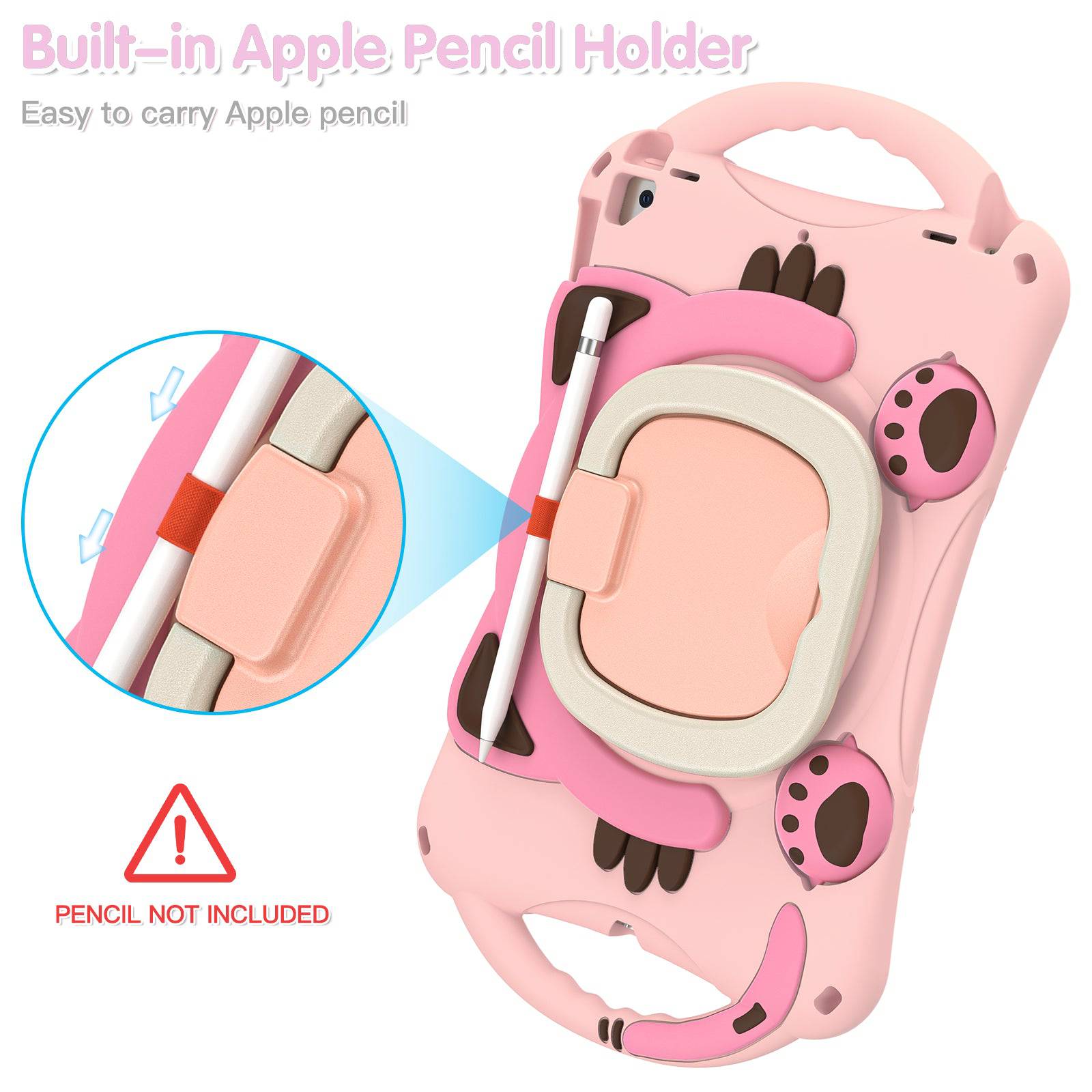 Kitten Kids iPad Protective Case with built-in Apple Pencil holder for easy storage. Shockproof EVA rubber case for iPad 7th/8th/9th Gen, iPad Air 3, and 10.5 inch iPad Pro.