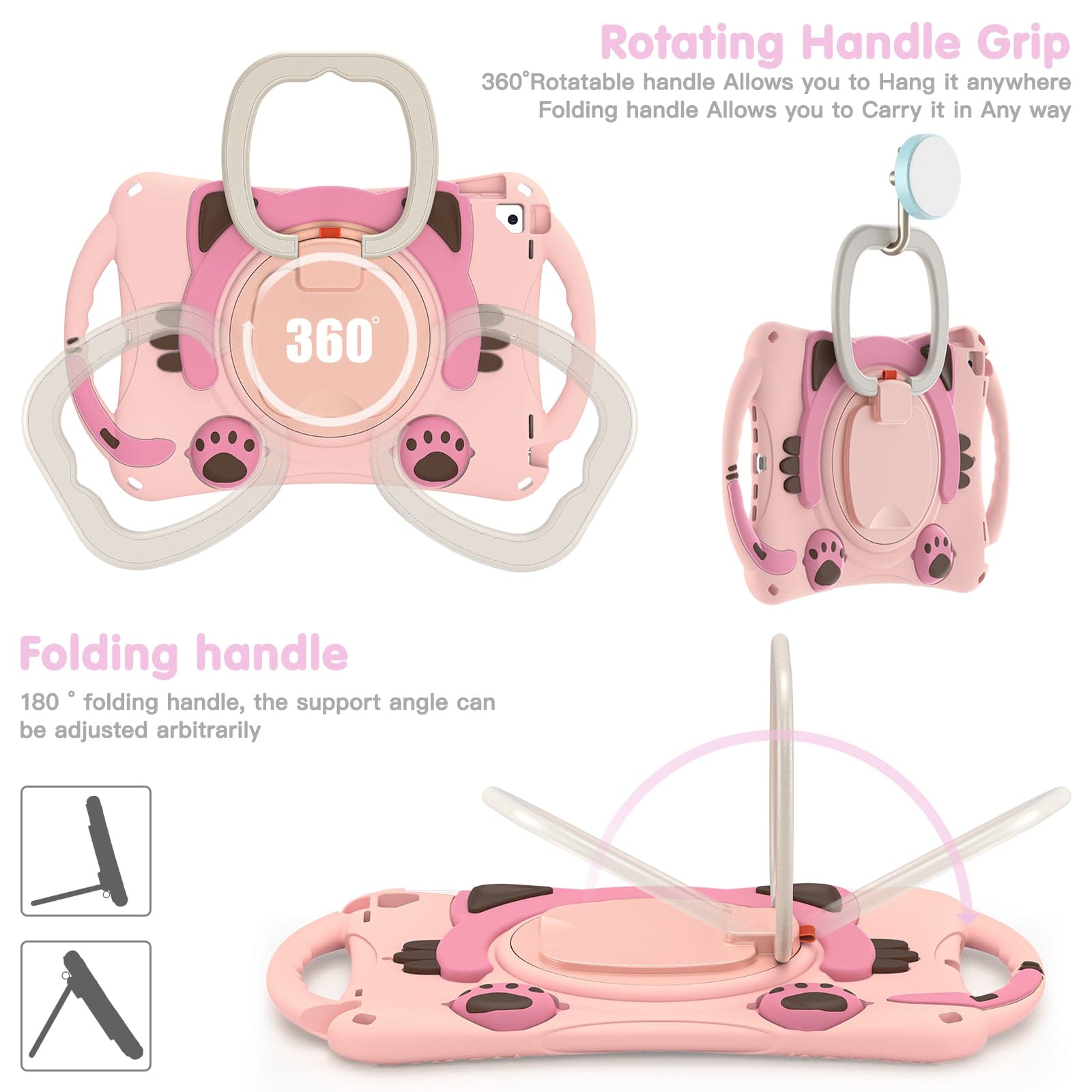 Kitten Kids iPad Protective Case with 360° rotating handle grip and foldable stand. Shockproof EVA rubber case for iPad 7th/8th/9th Gen, iPad Air 3, and 10.5 inch iPad Pro.