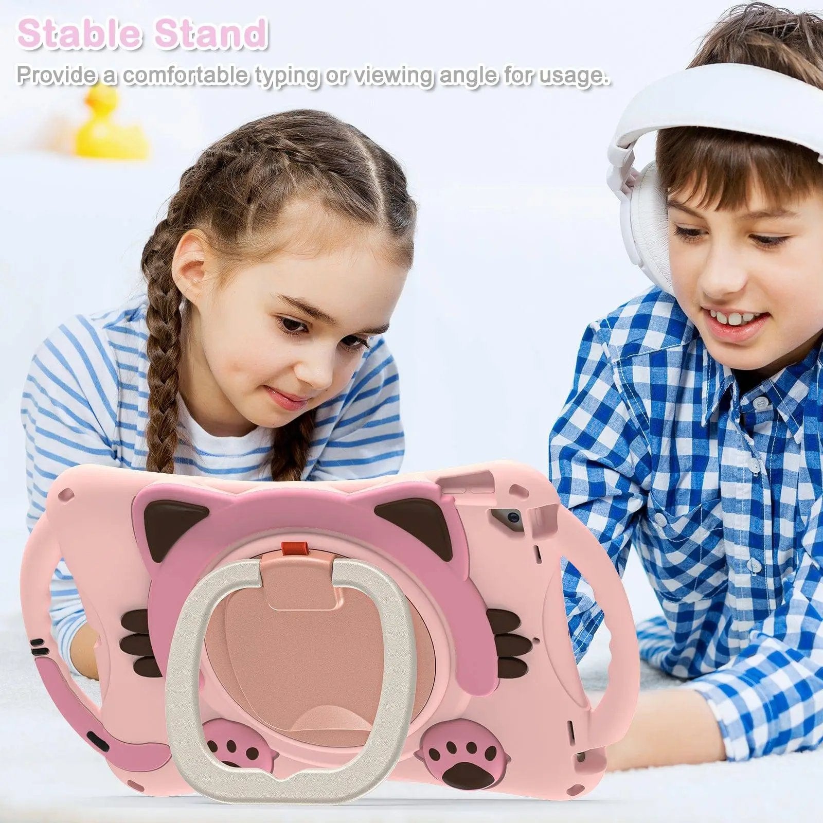 Children using the Kitten Kids iPad Protective Case with a stable stand for comfortable viewing. Shockproof EVA rubber case for iPad 7th/8th/9th Gen, iPad Air 3, and 10.5 inch iPad Pro.