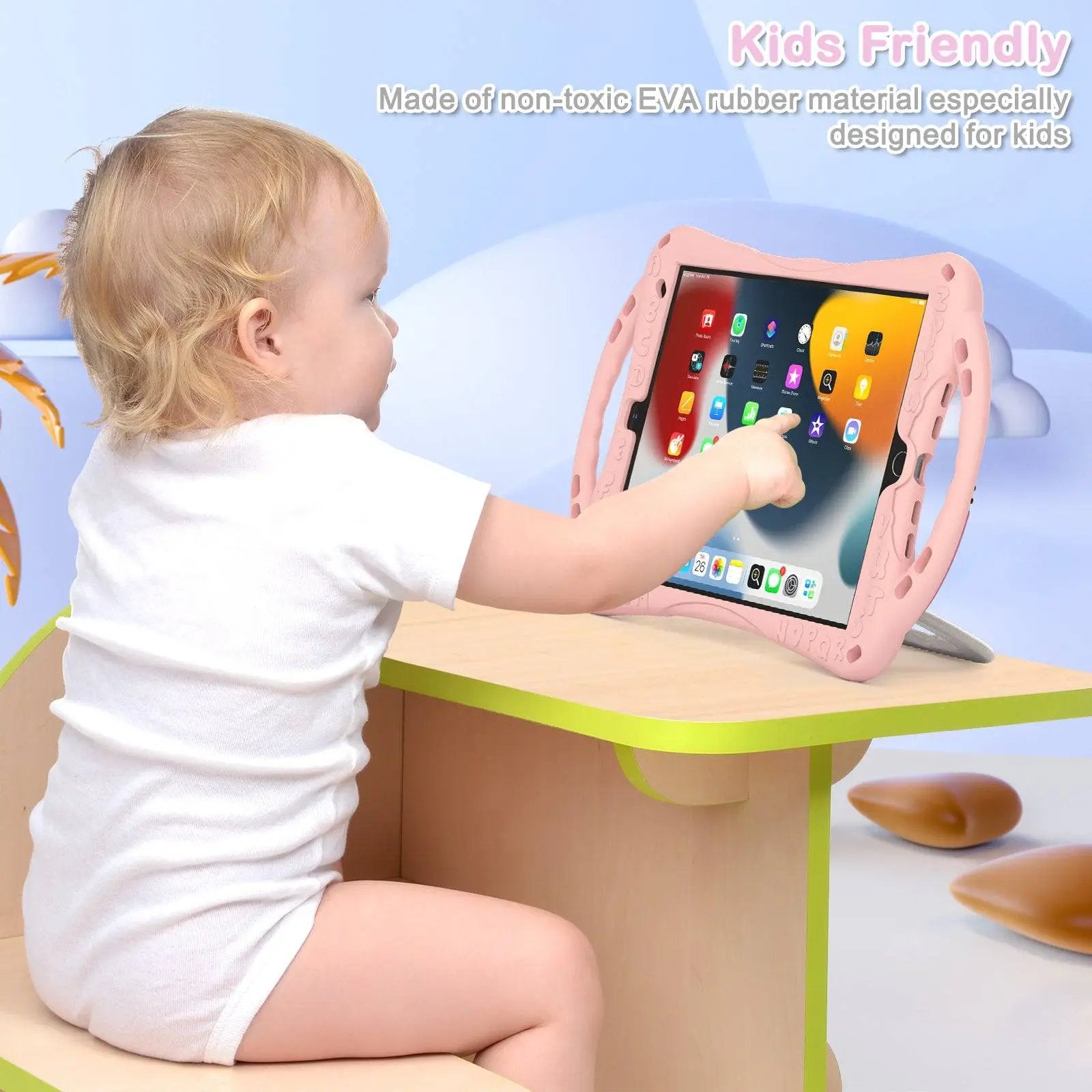 Child using the Kitten Kids iPad Protective Case, made of non-toxic EVA rubber for safety. Designed for iPad 7th/8th/9th Gen, iPad Air 3, and 10.5 inch iPad Pro.