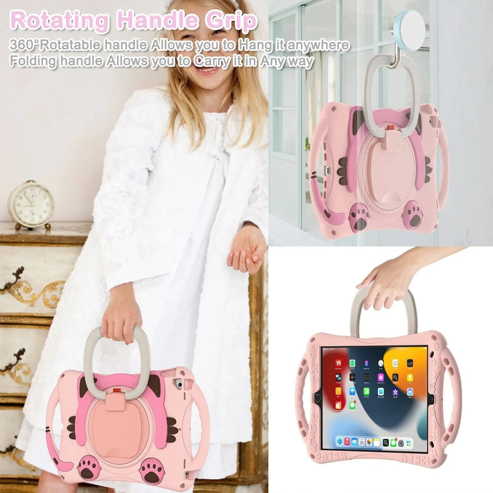 Kitten Kids iPad Protective Case with 360° rotating handle for easy carrying and hanging. Shockproof EVA rubber case for iPad 7th/8th/9th Gen, iPad Air 3, and 10.5 inch iPad Pro.