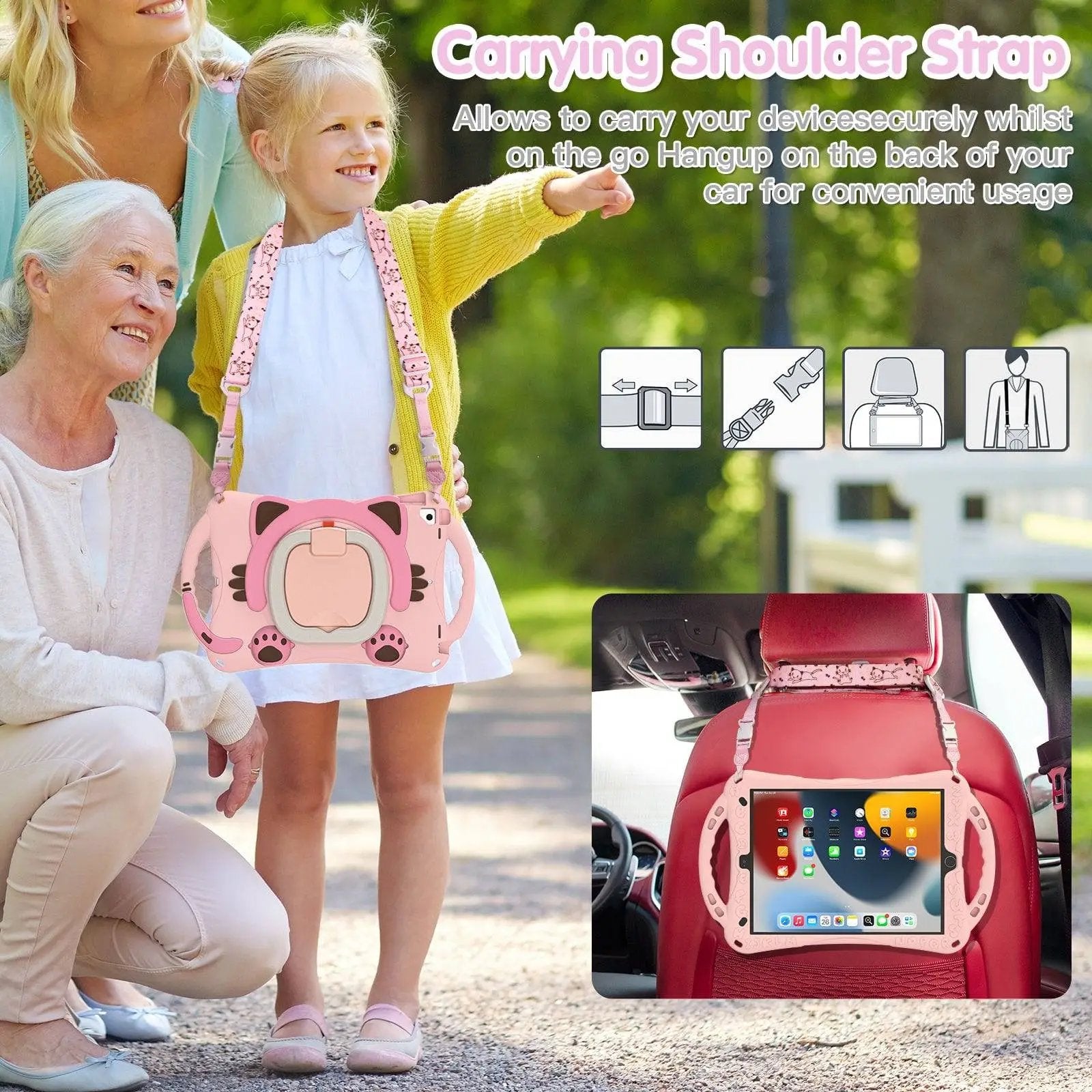 Kitten Kids iPad Protective Case with carrying shoulder strap for hands-free use. Shockproof EVA rubber case for iPad 7th/8th/9th Gen, iPad Air 3, and 10.5 inch iPad Pro.