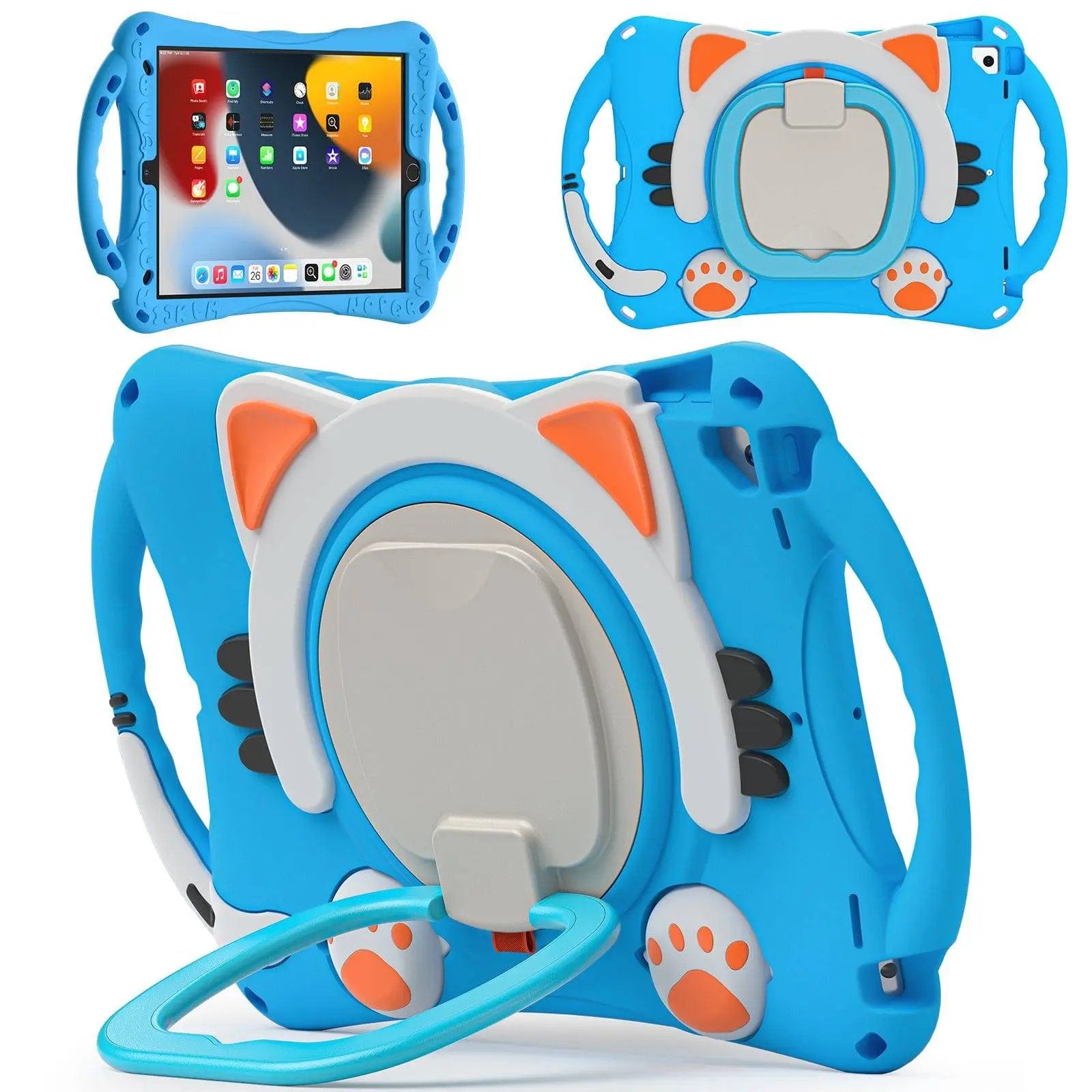 Blue Kitten Kids iPad Protective Case 10.2/10.5 inch with cat ear design, shockproof EVA rubber, and rotating handle. Fits iPad 7th/8th/9th Gen, iPad Air 3, and 10.5 inch iPad Pro.